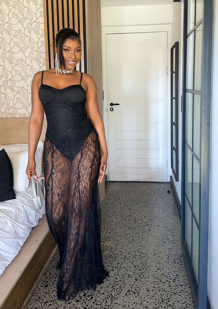 Vienna Sheer Lace Corset Maxi Dress Black