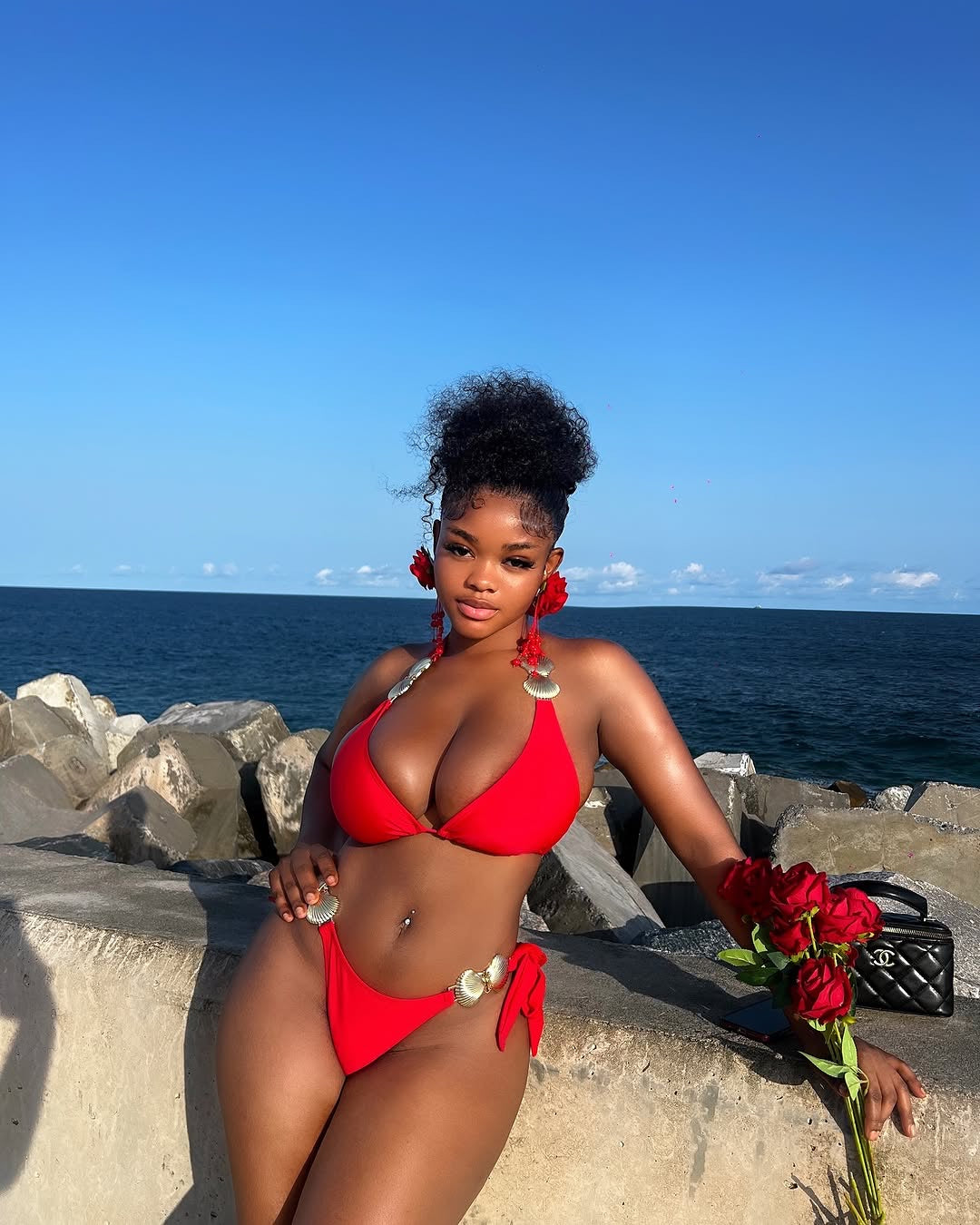 Adele Red Shell Detail Bikini Set