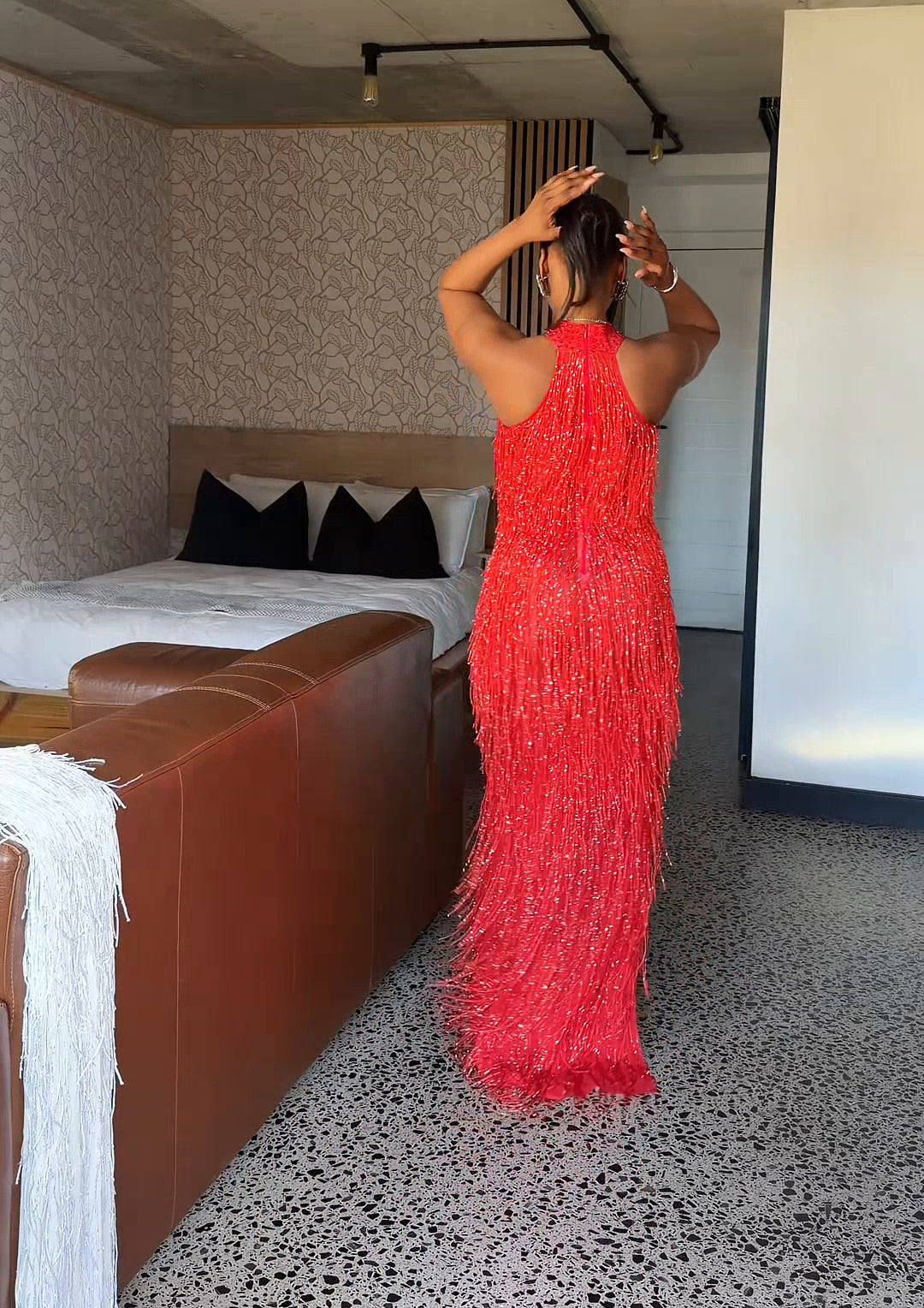 Halo Beaded Fringe Dress Red