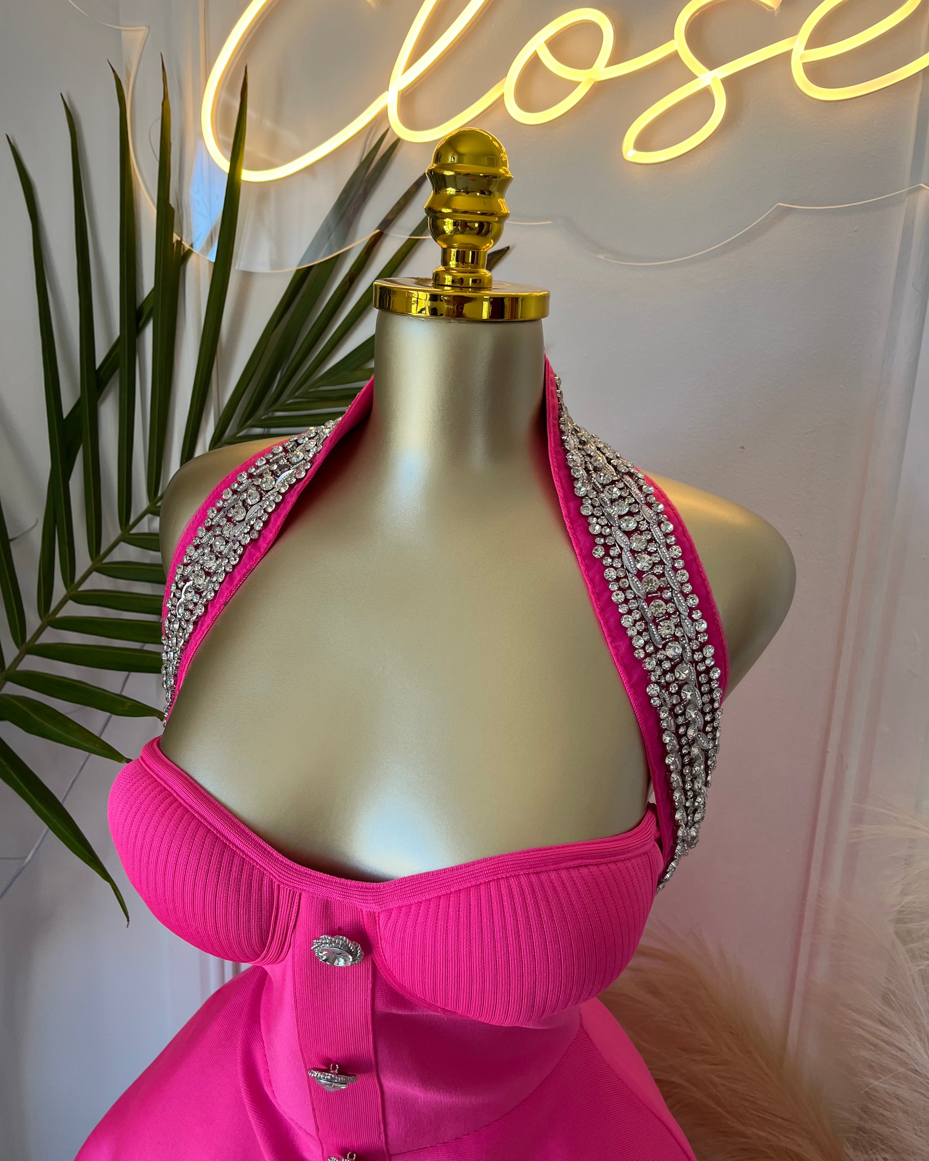 Vera Hot Pink Embellished Halter Mini Dress