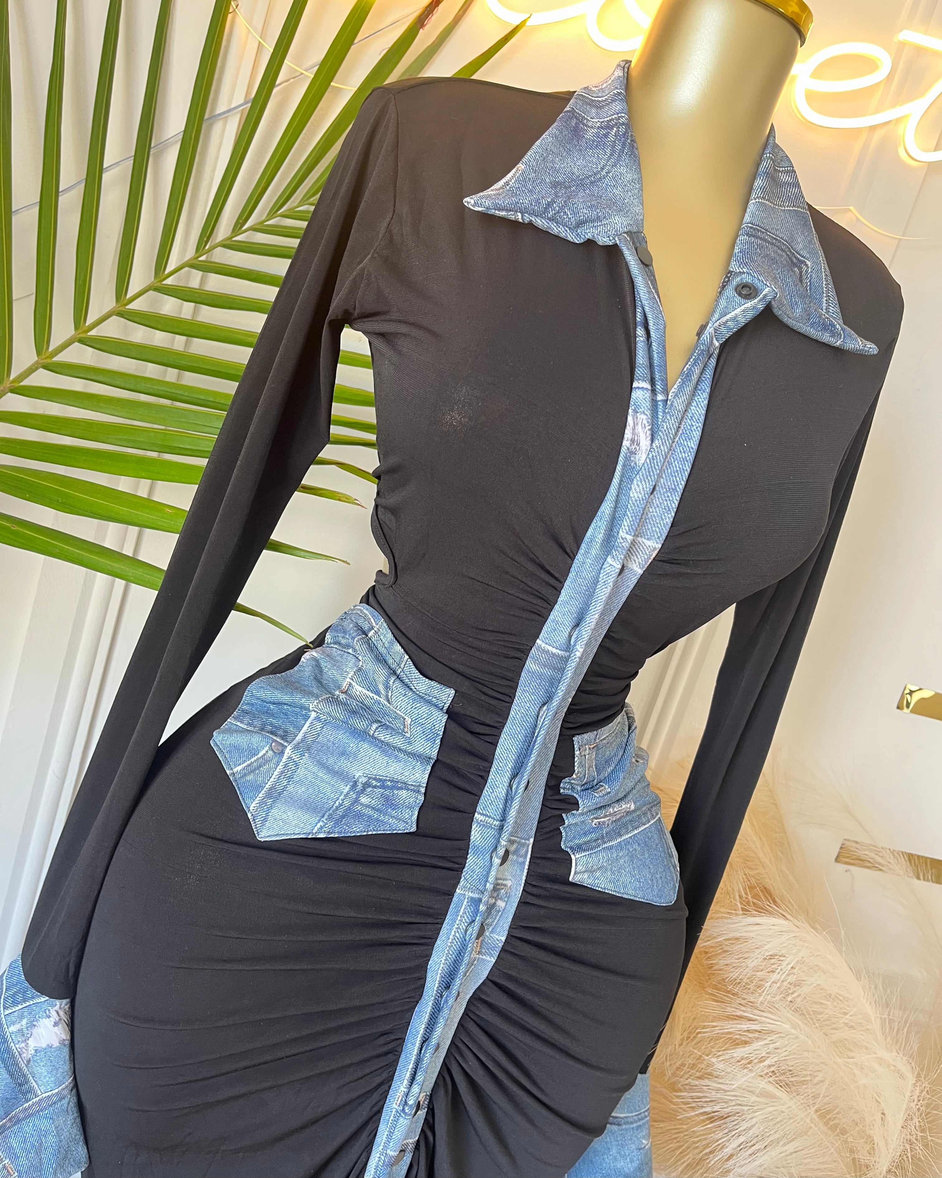 Elara Denim-Trim Sculpted Maxi Dress