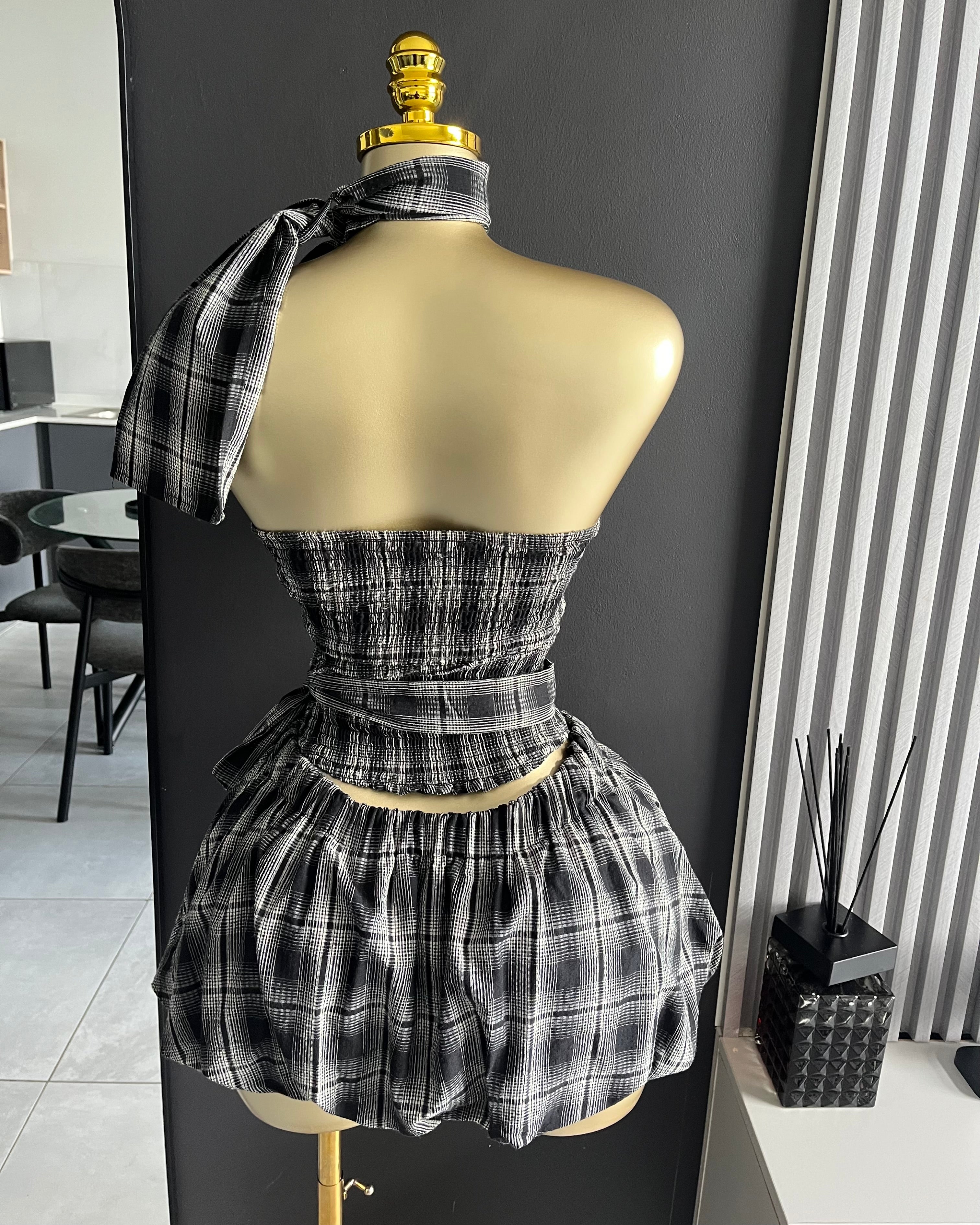 Betty Plaid Halter Ruffle Mini Skirt Set Black