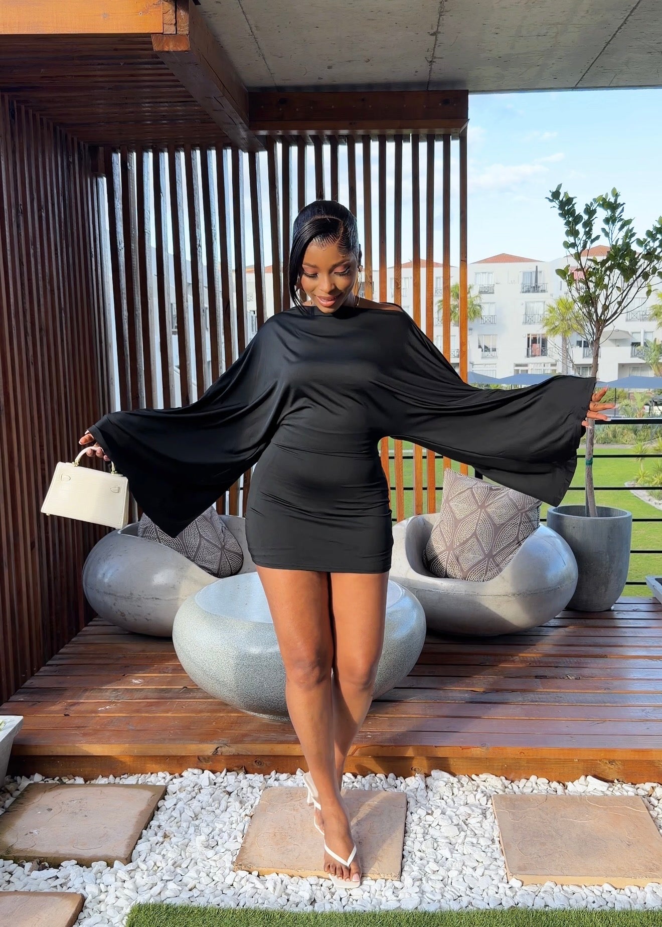 Leona Off-Shoulder Cape Sleeve Mini Dress Black