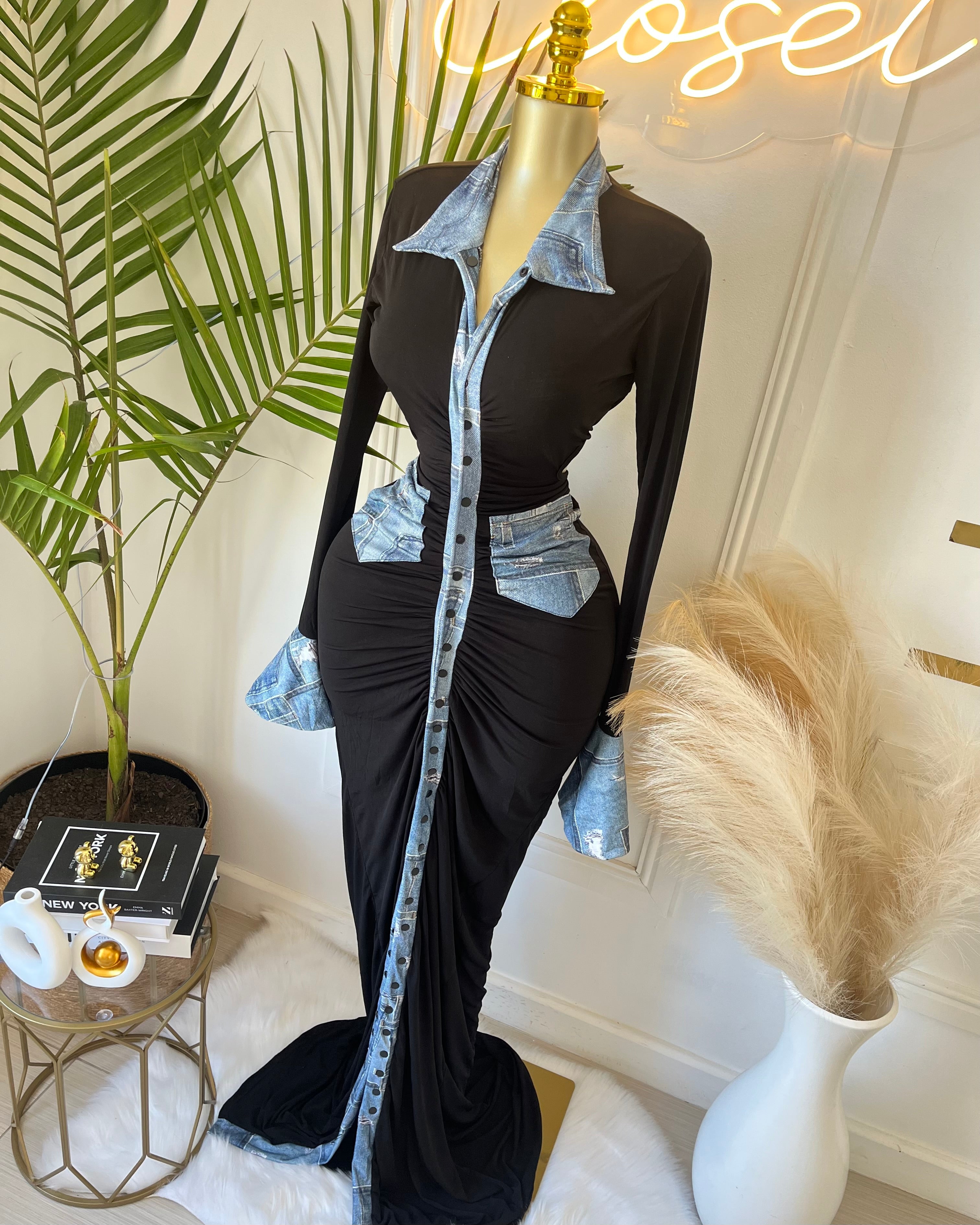 Elara Denim-Trim Sculpted Maxi Dress