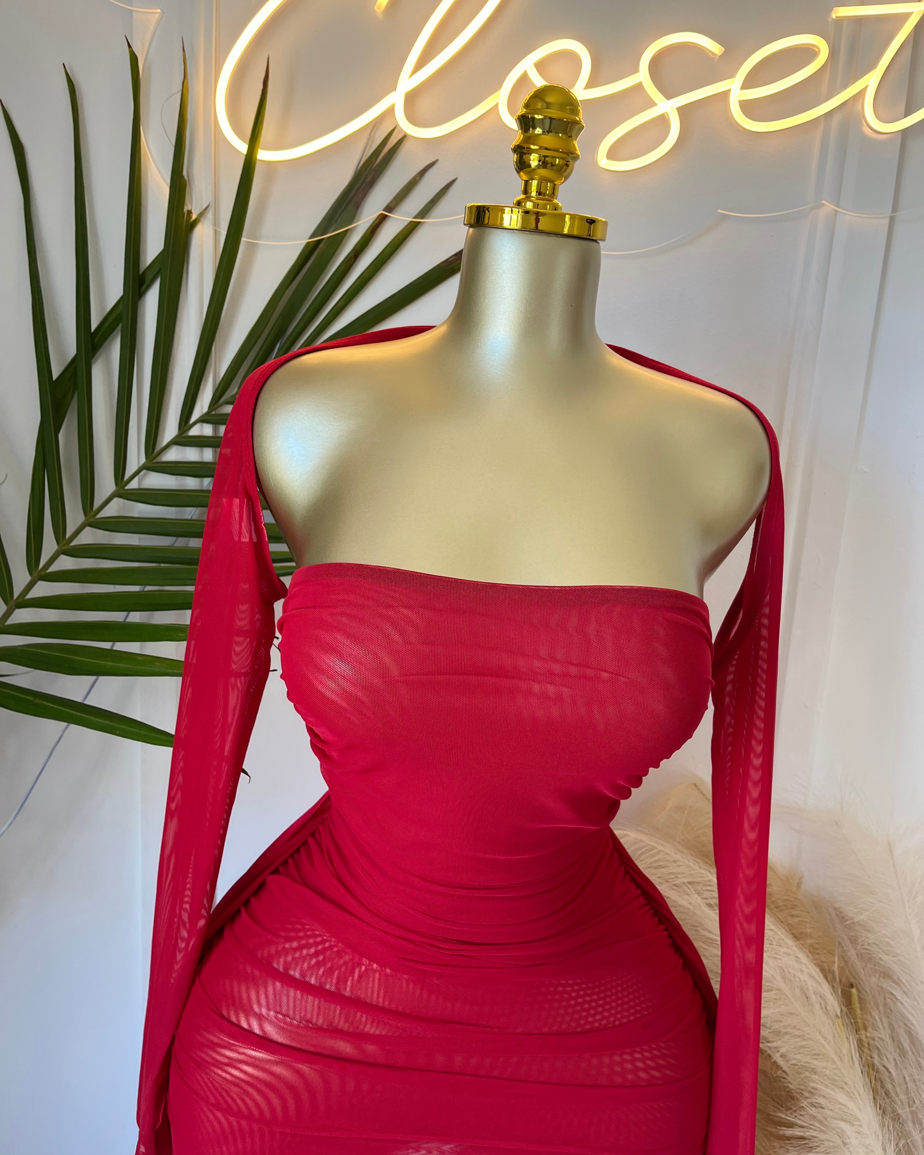 Oluna Sheer Draped Mini Dress Red