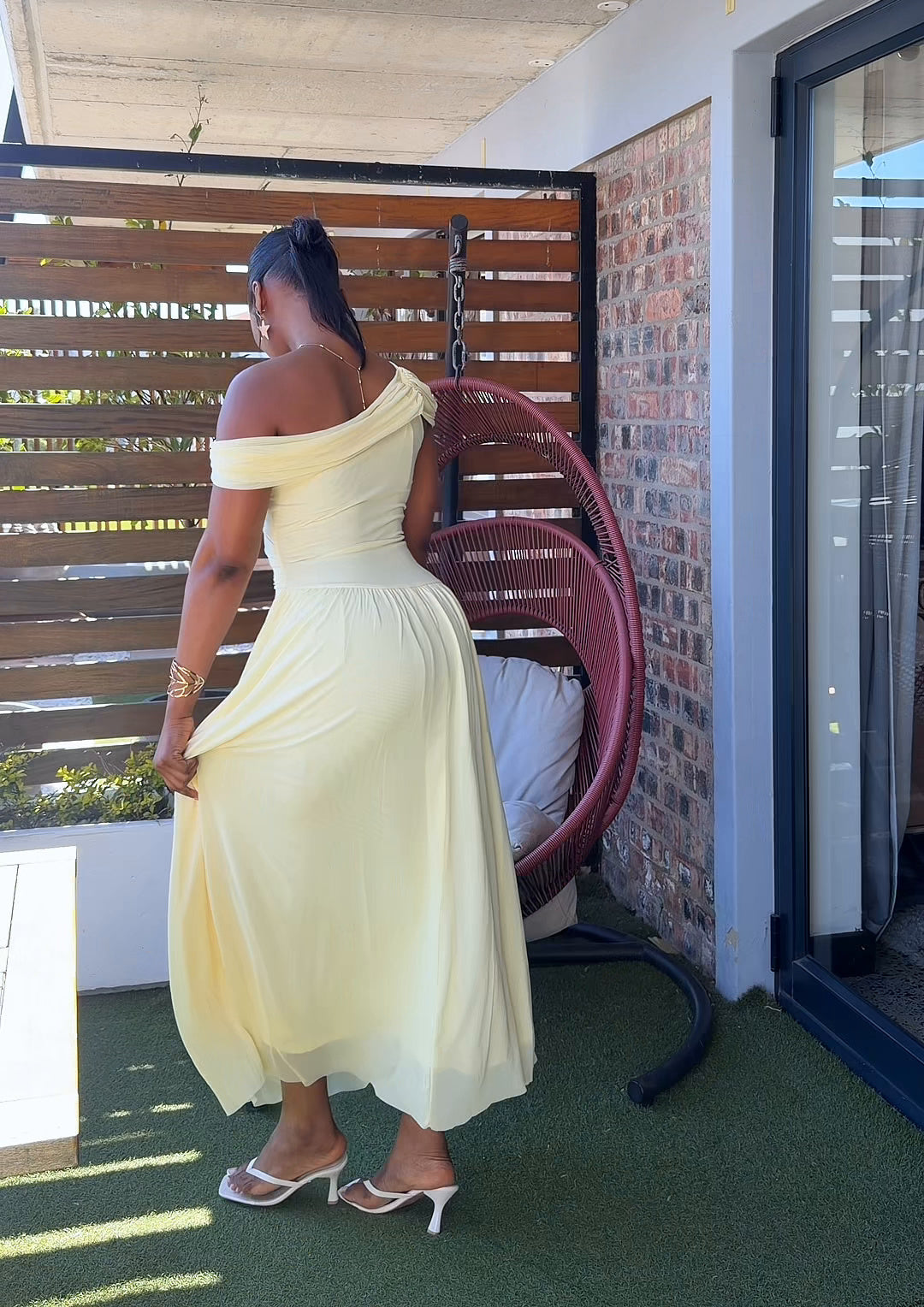 Selene Asymmetric Ruched Maxi Dress Yellow