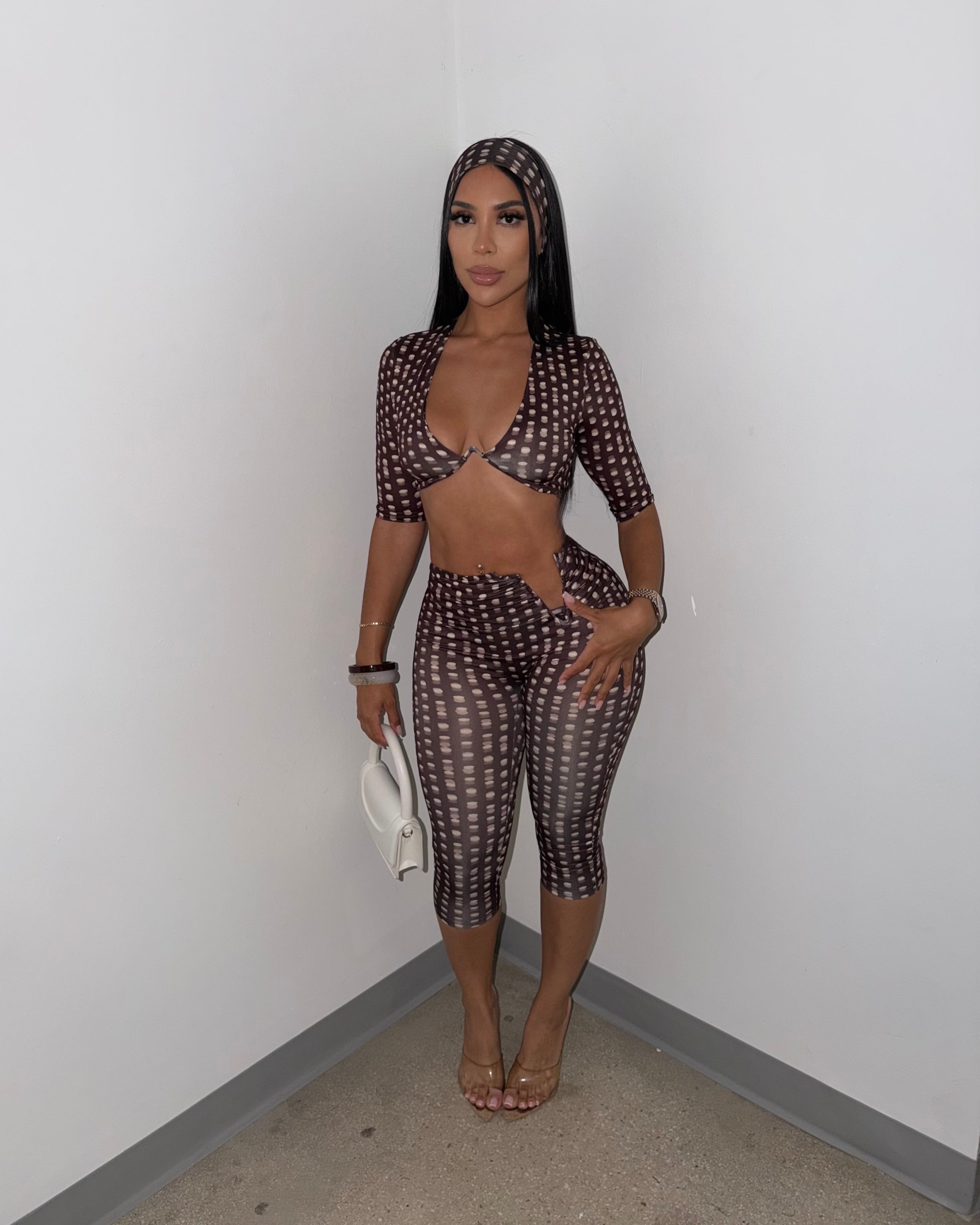 Mocha Print Cut-Out Capri Set Brown