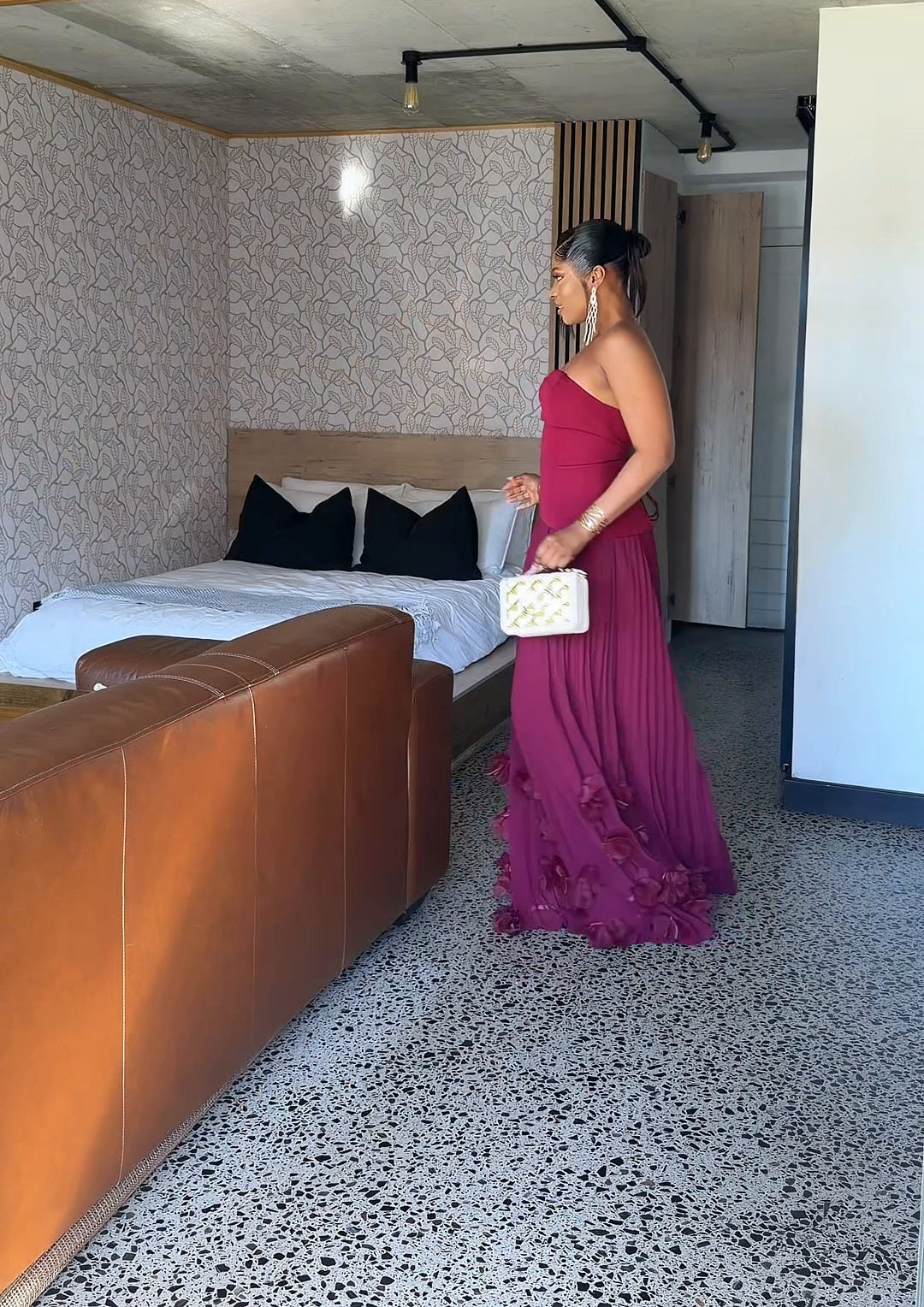 Royale Pleated Flower Hem Gown Burgundy