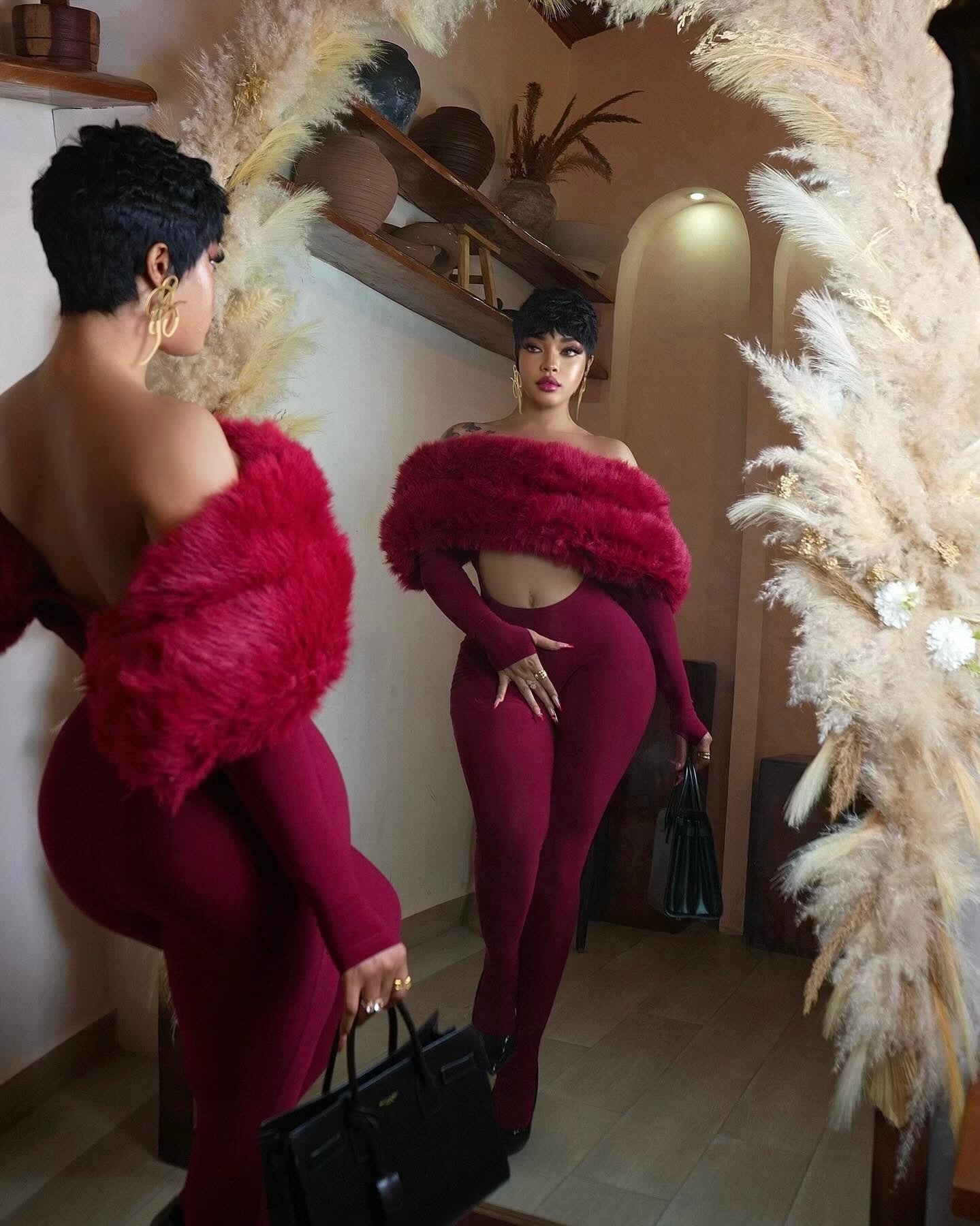 Really Burgundy Feather Trim Jumpsuit