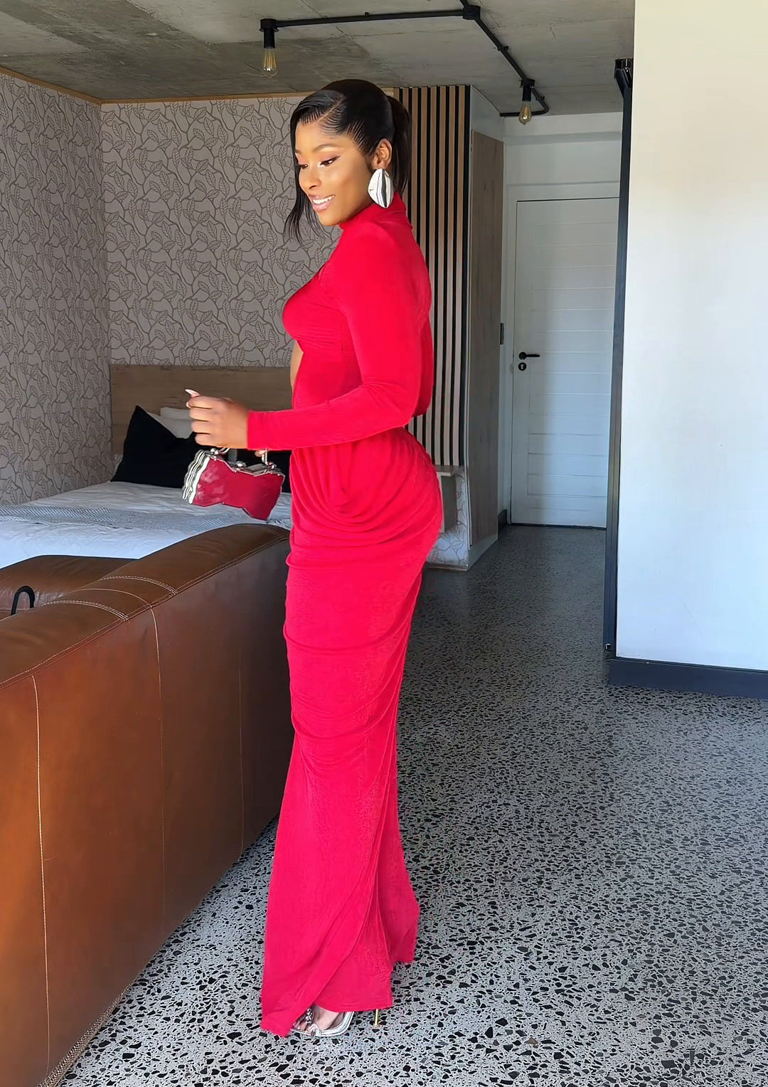 Odette Ruched High-Neck Maxi Dress Red