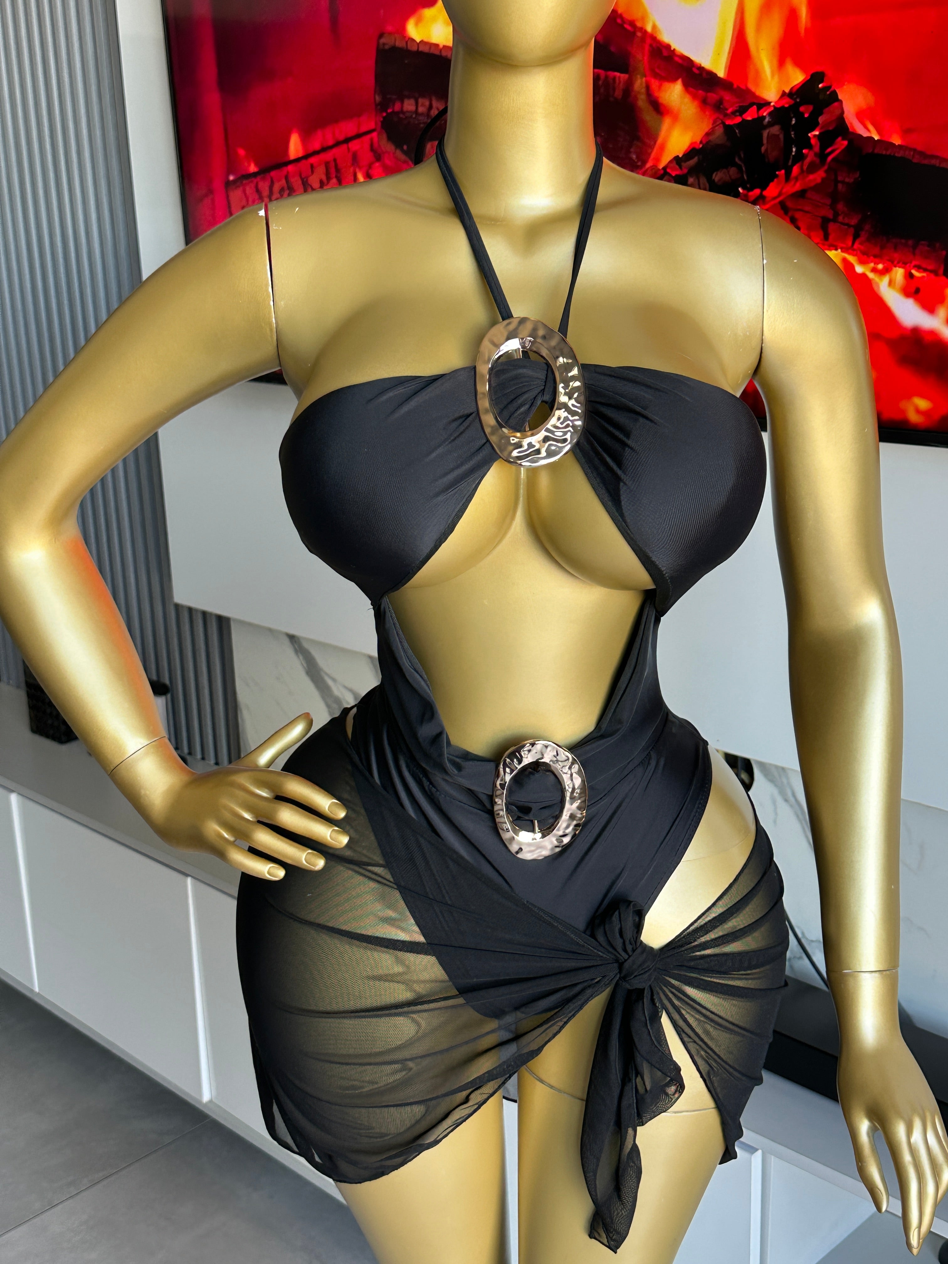 Zakia Black Cut-Out Swimsuit & Skirt Set