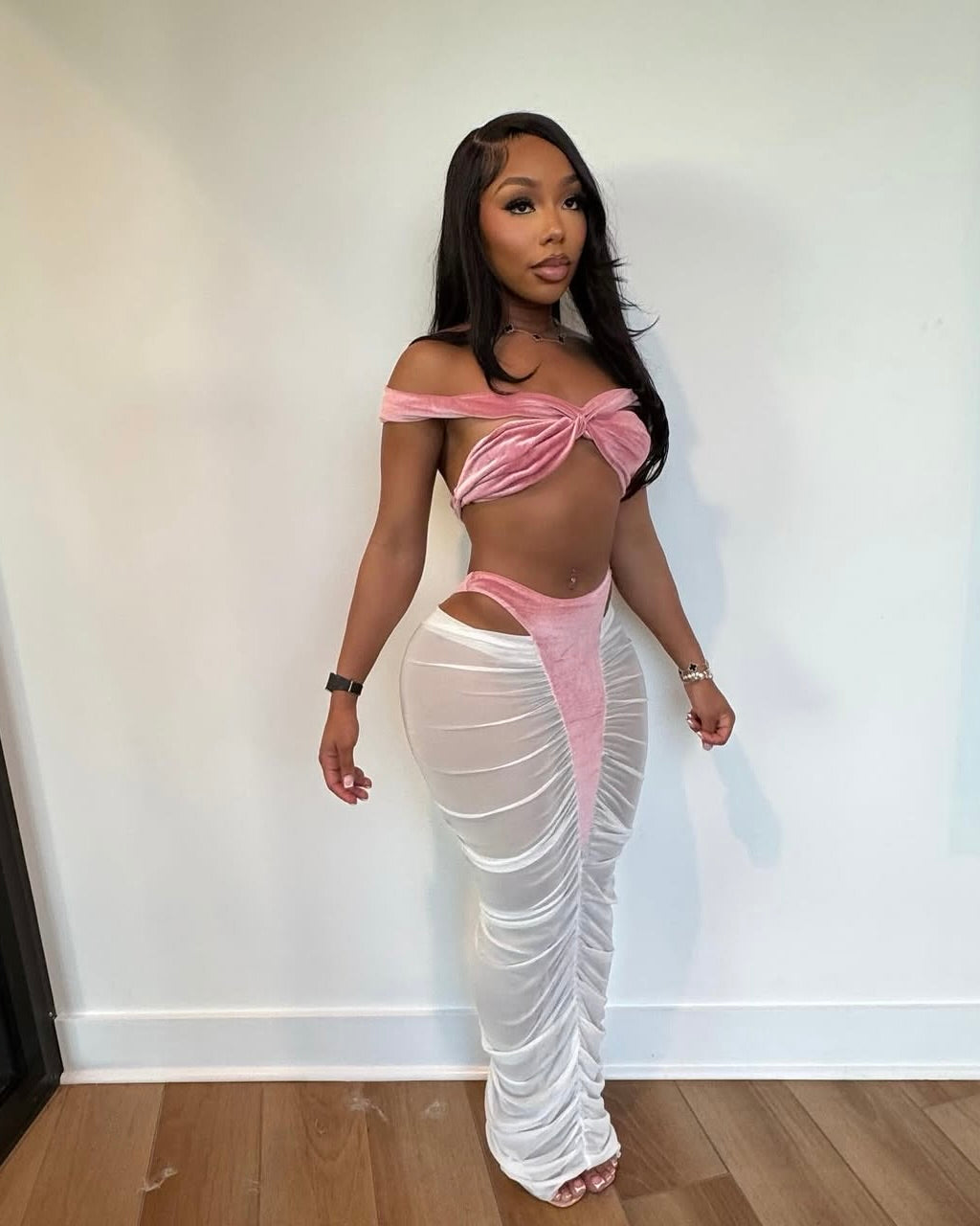 Kiaro Sheer Ruched Skirt Set Pink