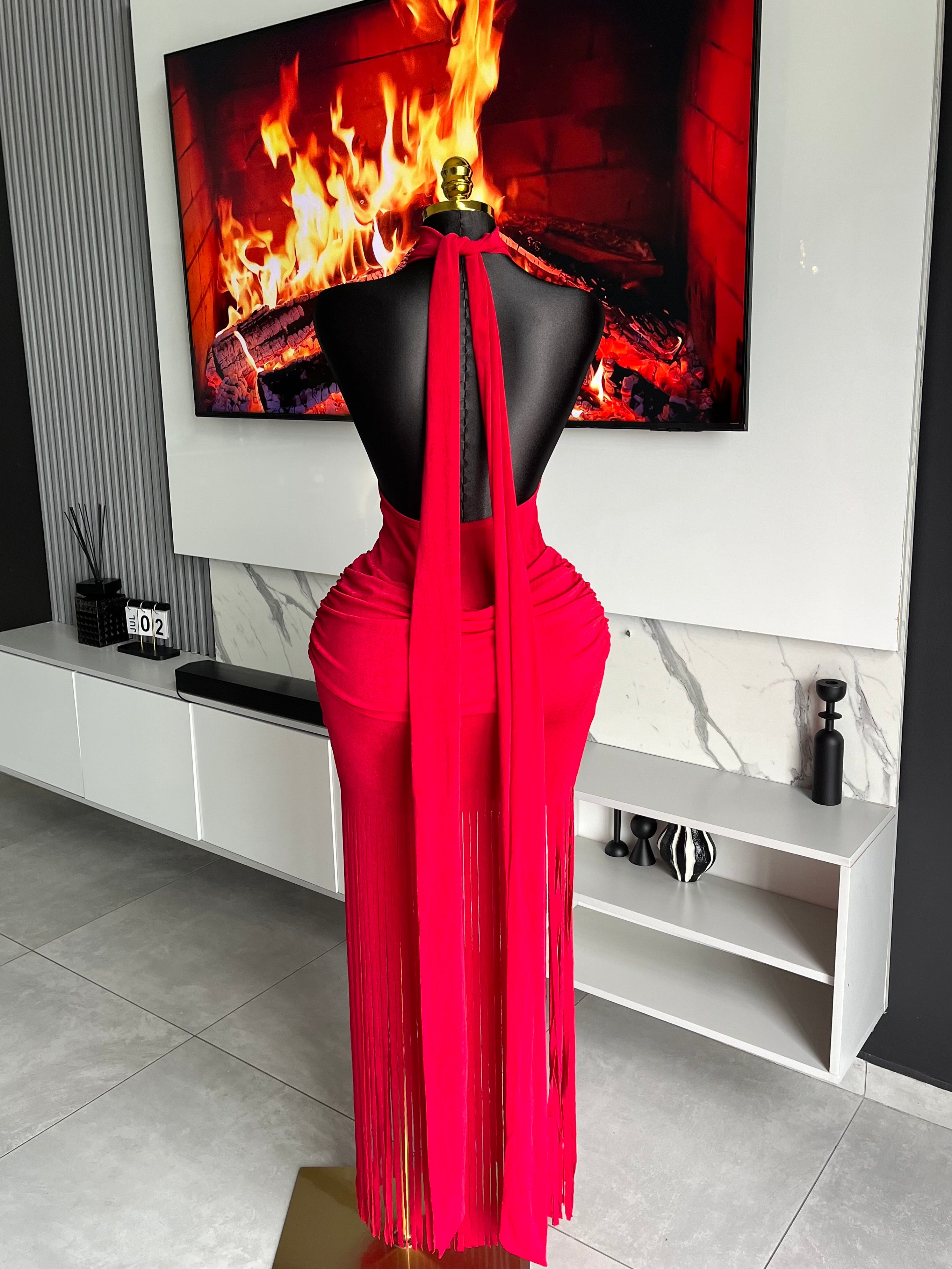 Amoura Fringe Maxi Dress Red