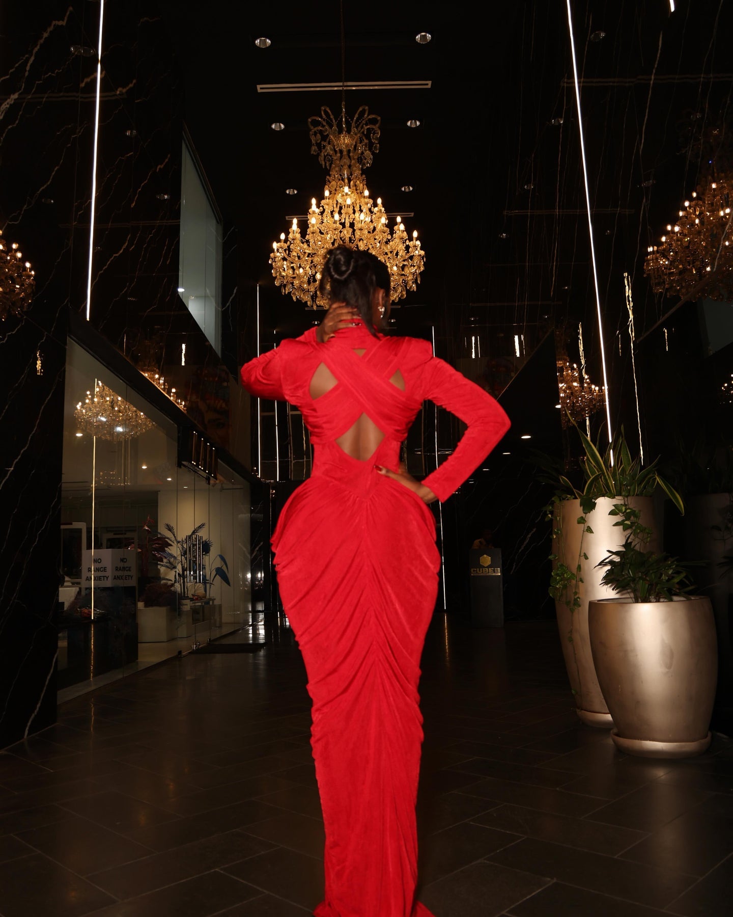 Odette Ruched High-Neck Maxi Dress Red