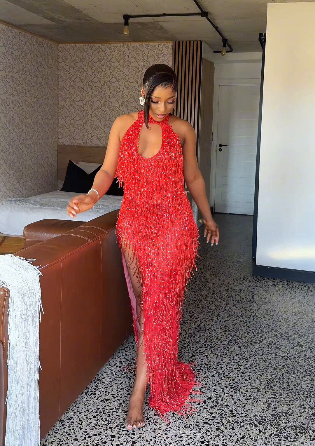 Halo Beaded Fringe Dress Red