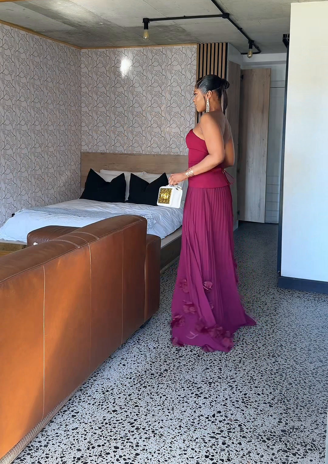 Royale Pleated Flower Hem Gown Burgundy