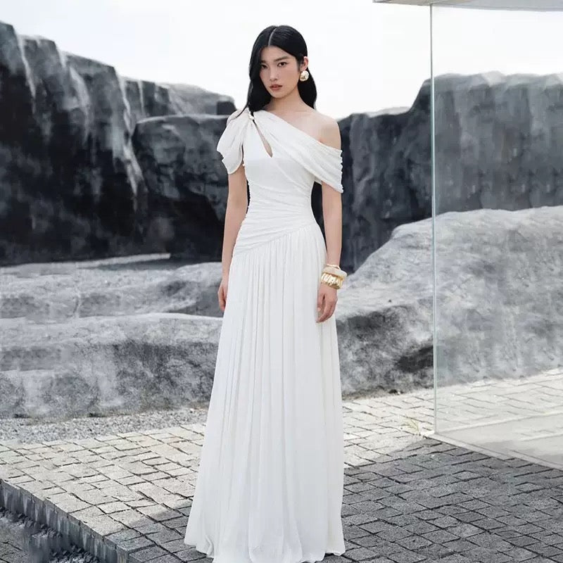 Selene Asymmetric Ruched Maxi Dress White