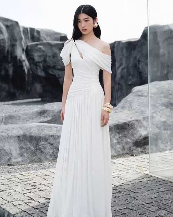 Selene Asymmetric Ruched Maxi Dress White
