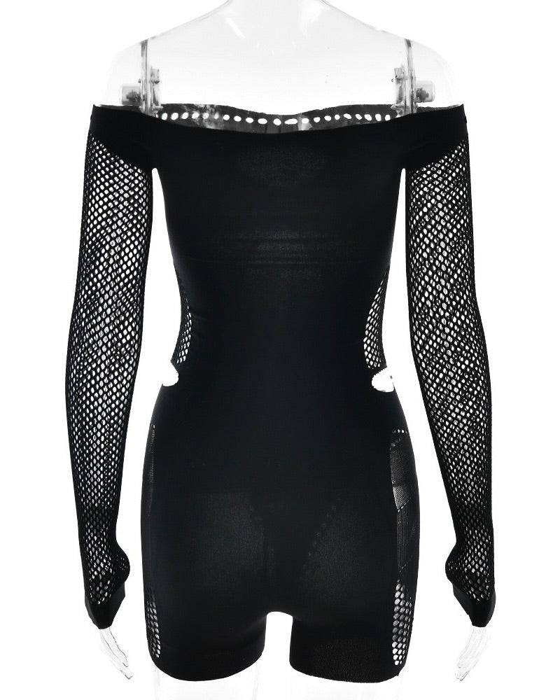 Venus Mesh Cutout Bodysuit Set Black