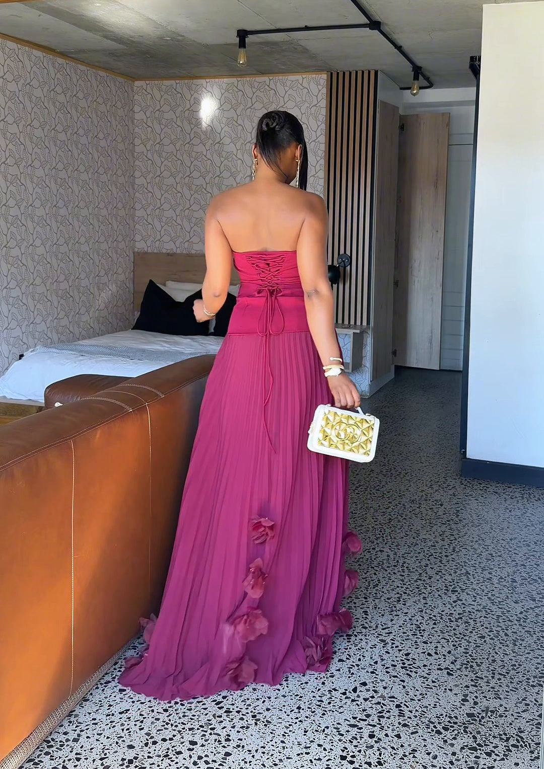 Royale Pleated Flower Hem Gown Burgundy