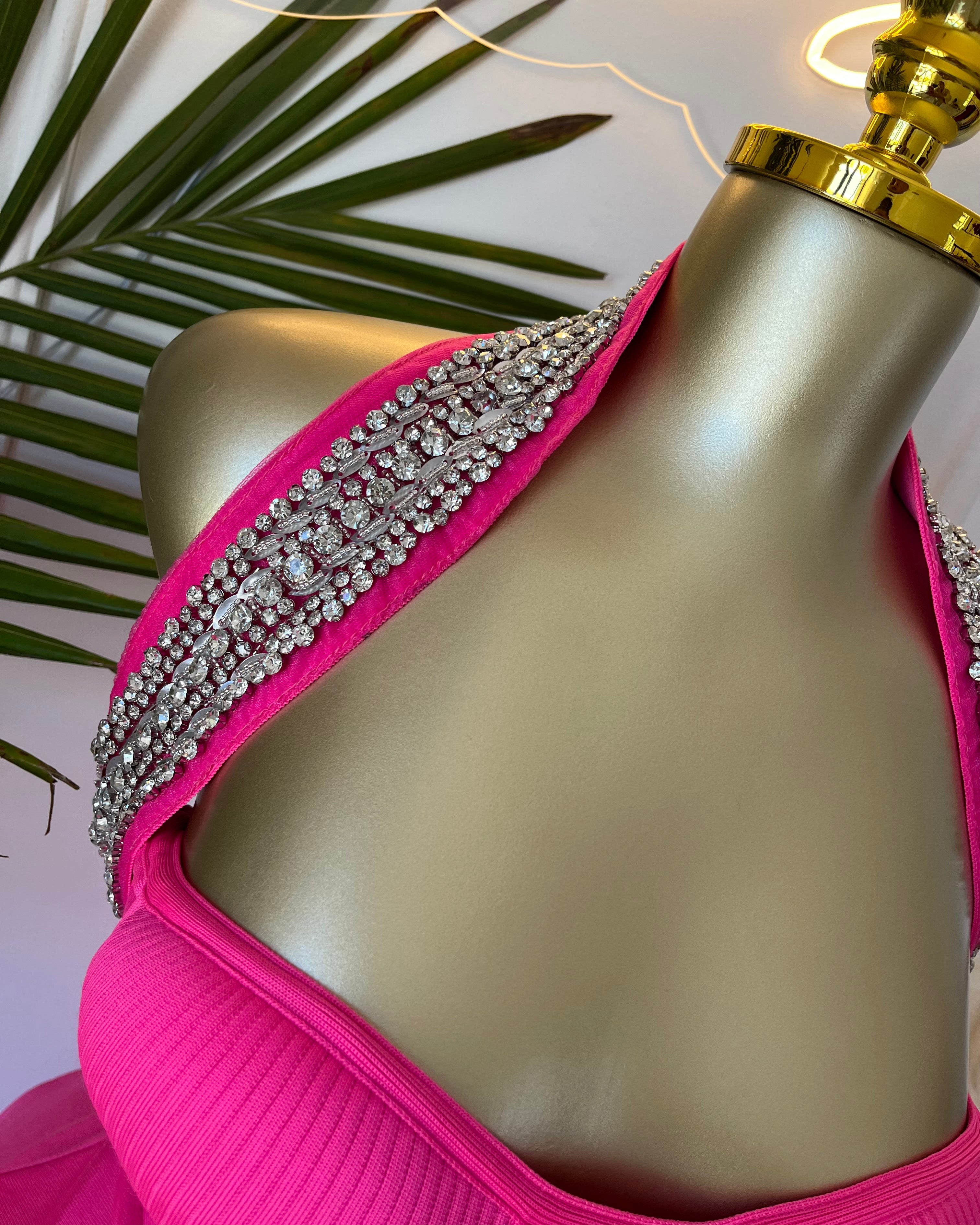 Vera Hot Pink Embellished Halter Mini Dress