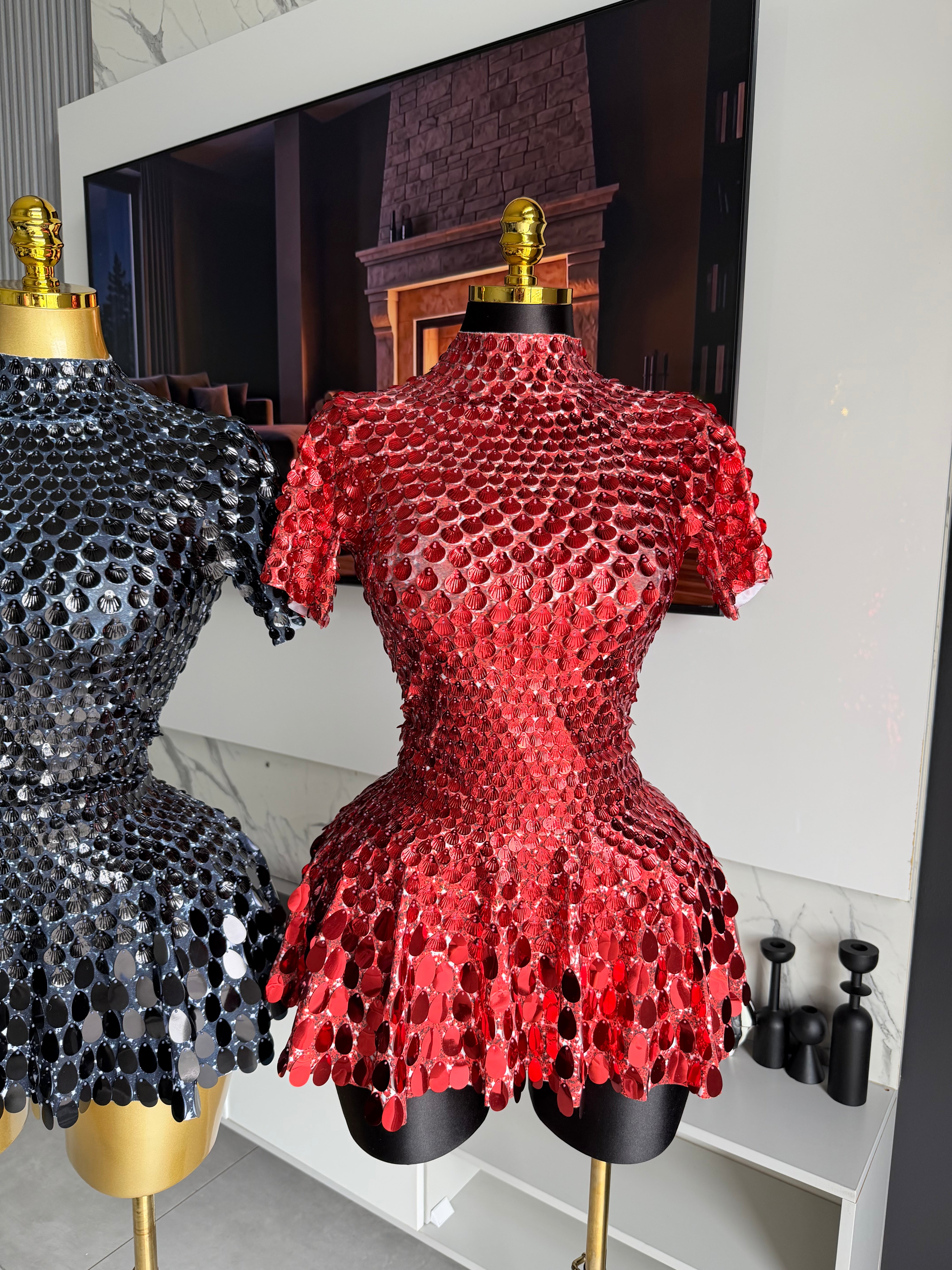 Godiva Mirror Embellished Mini Dress Red