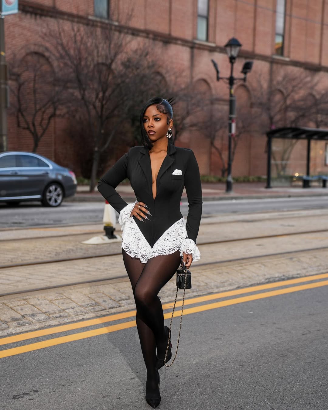 Sophisticated Lace Trim Bodysuit Black