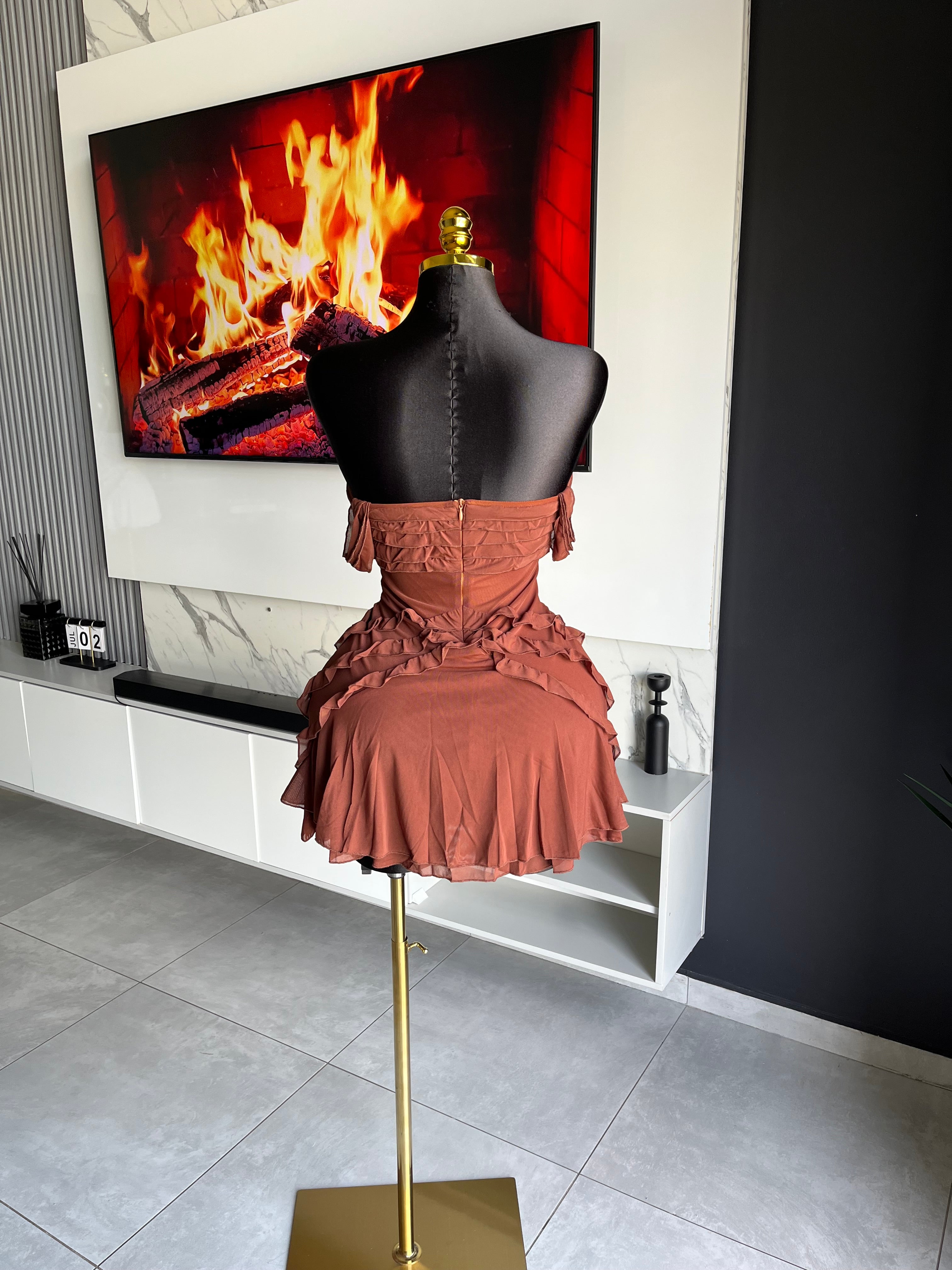 Kendra Ruffle Mesh Strapless Mini Dress