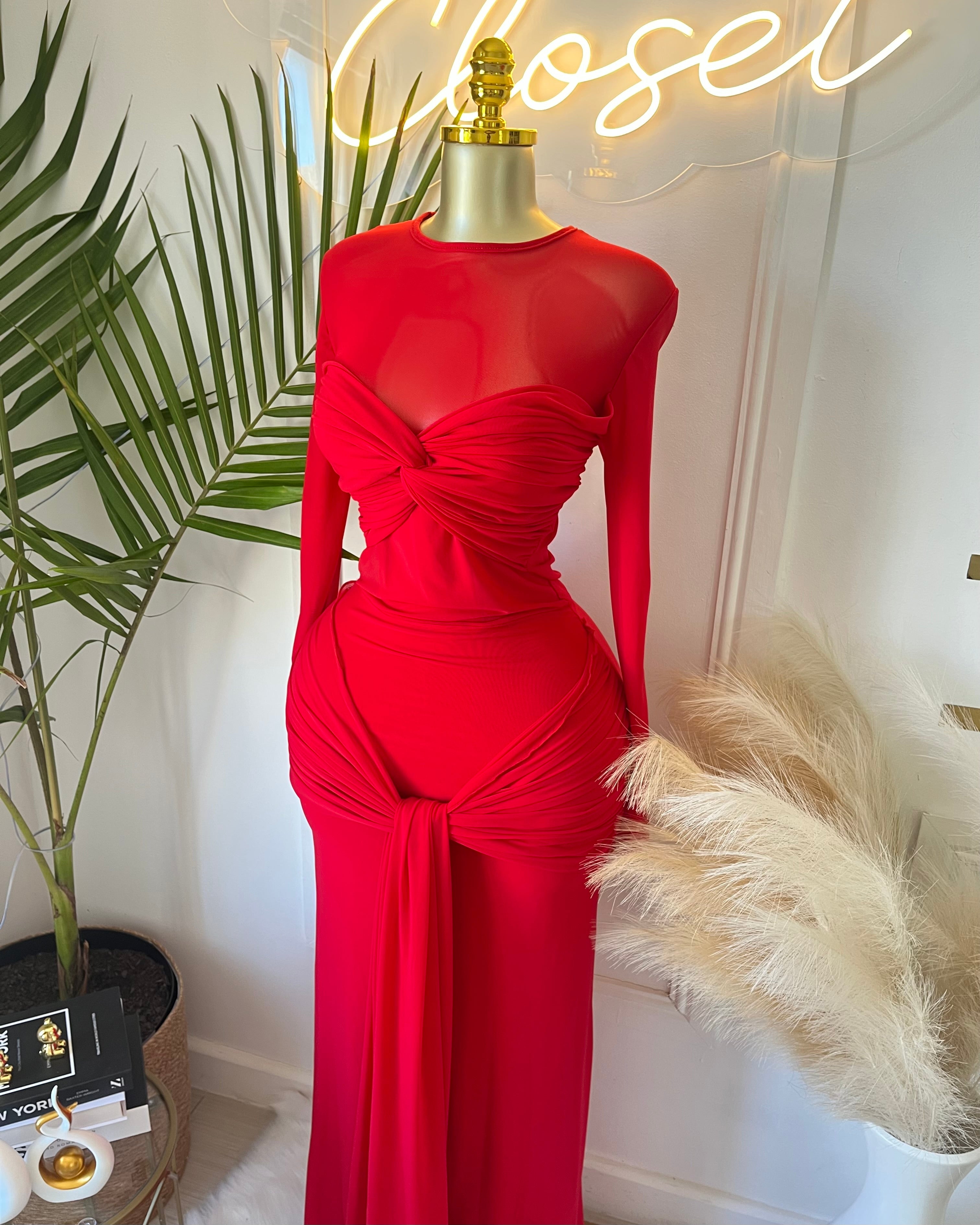 Qamila Ruched Maxi Dress (Stretch Mesh)