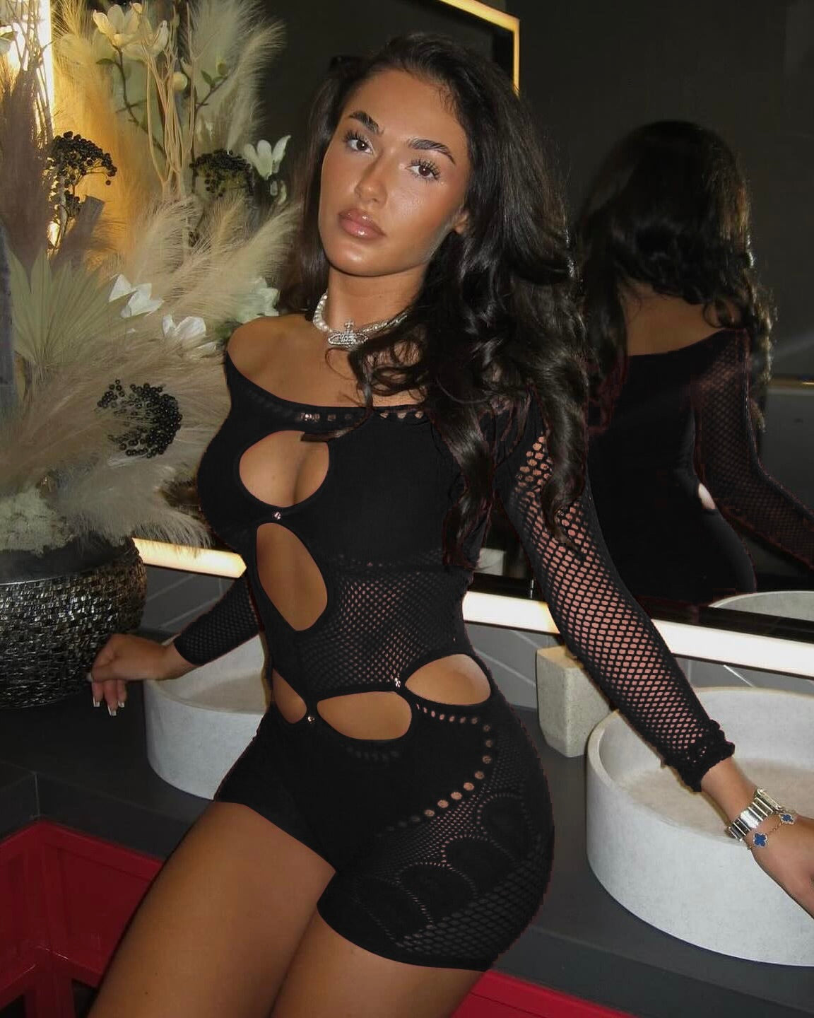 Venus Mesh Cutout Bodysuit Set Black
