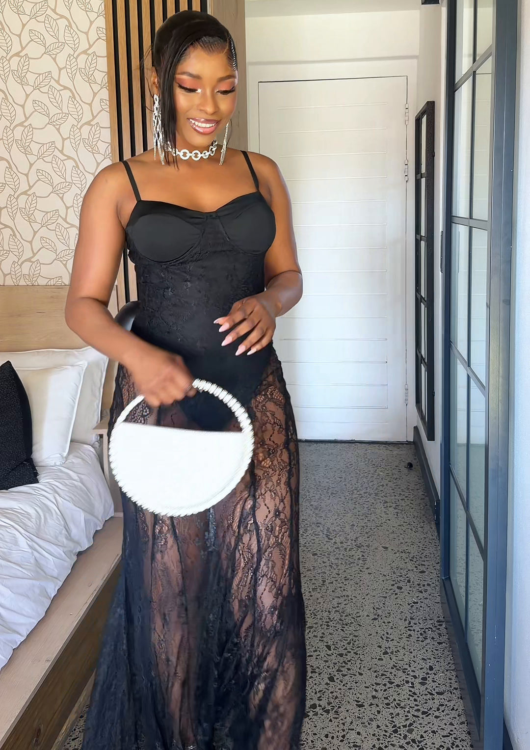 Vienna Sheer Lace Corset Maxi Dress Black