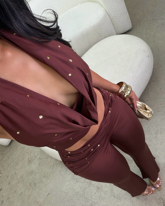 Kaliyah Studded Cowl Halter Flare Set Brown