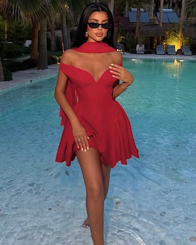 Lustre Red Off-Shoulder Skater Mini Dress