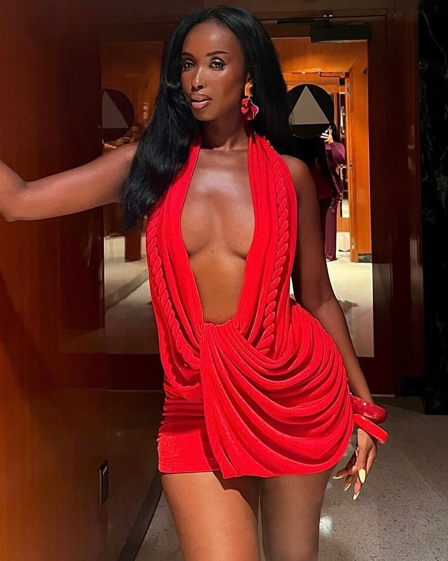 Cassie Red Plunge Drape Mini Dress