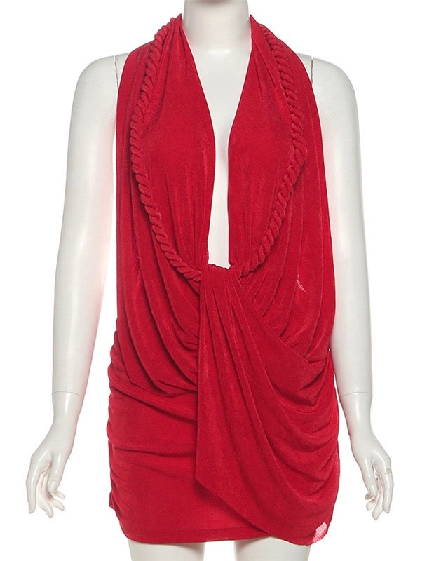 Cassie Red Plunge Drape Mini Dress