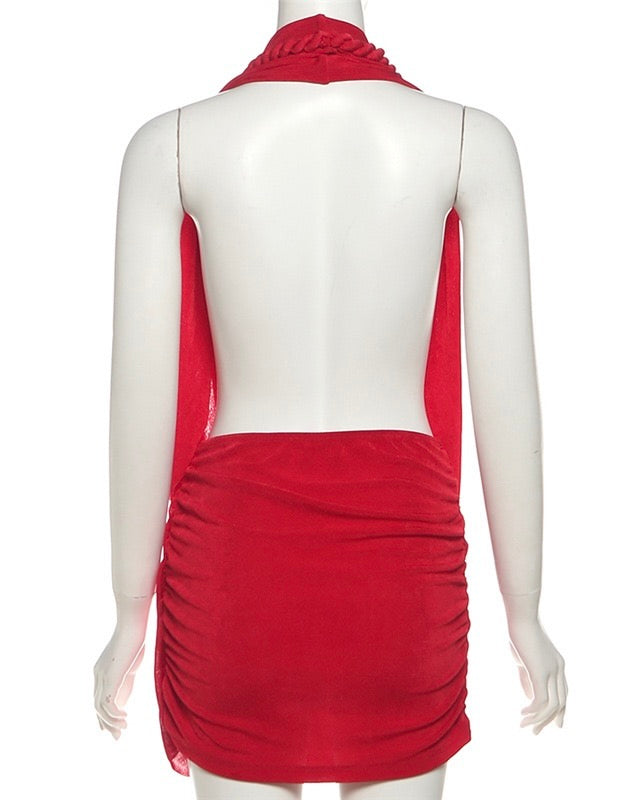 Cassie Red Plunge Drape Mini Dress