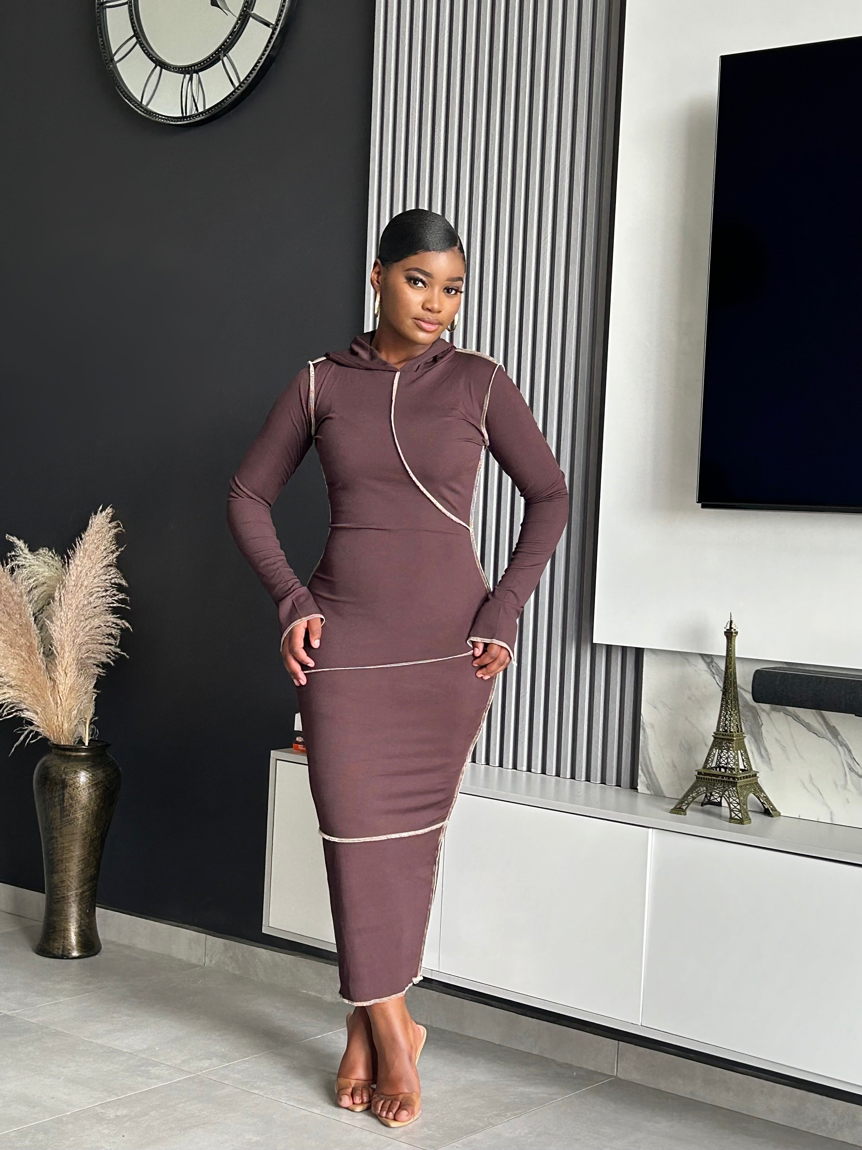 Model wearing the No Drama Hoodie Midi Dress in a stylish, form-fitting design with high stretch and subtle stitch detailing, perfect for casual chic.