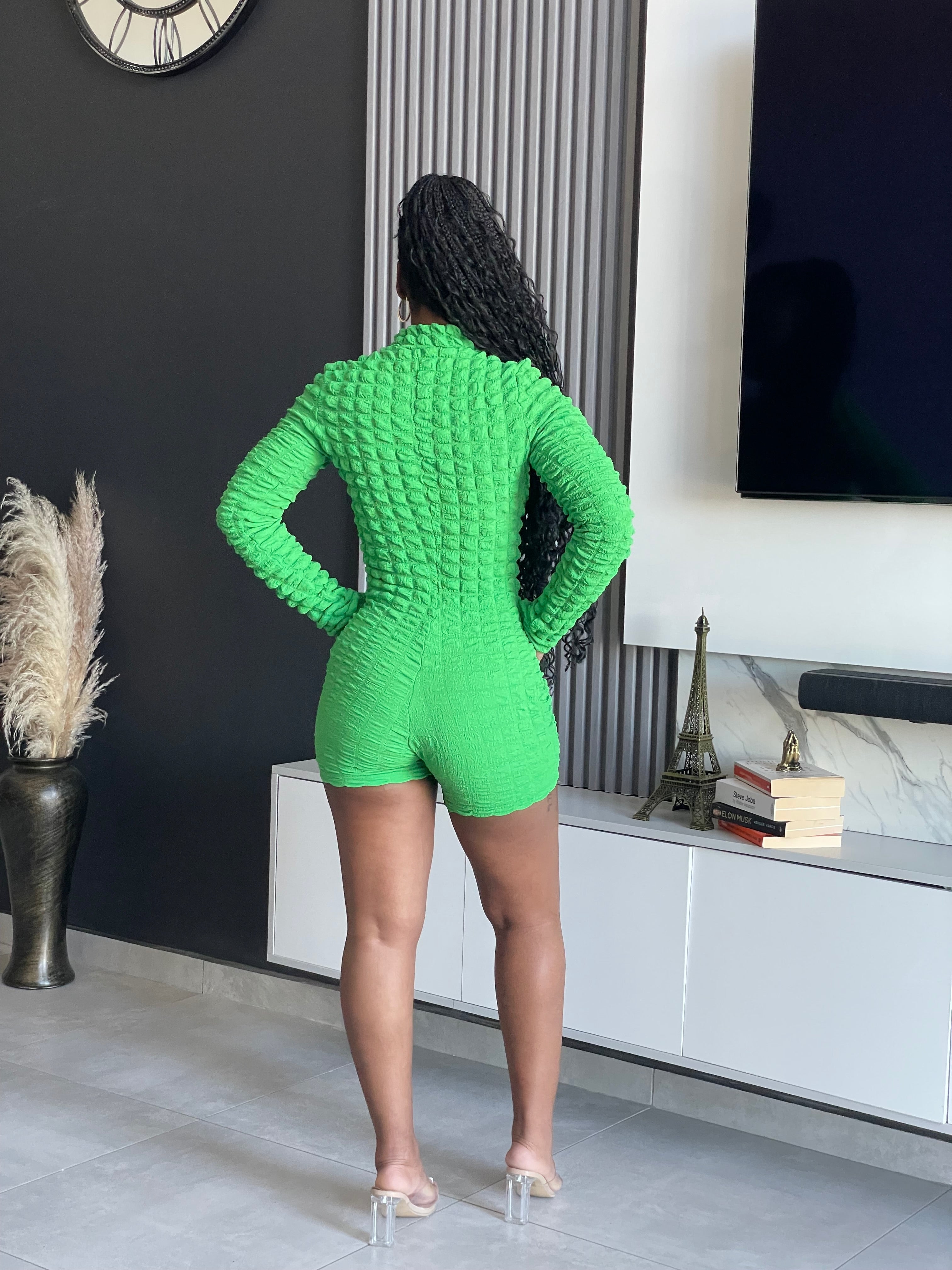 Nichole Textured Romper - Green long-sleeve romper with textured design and zipper