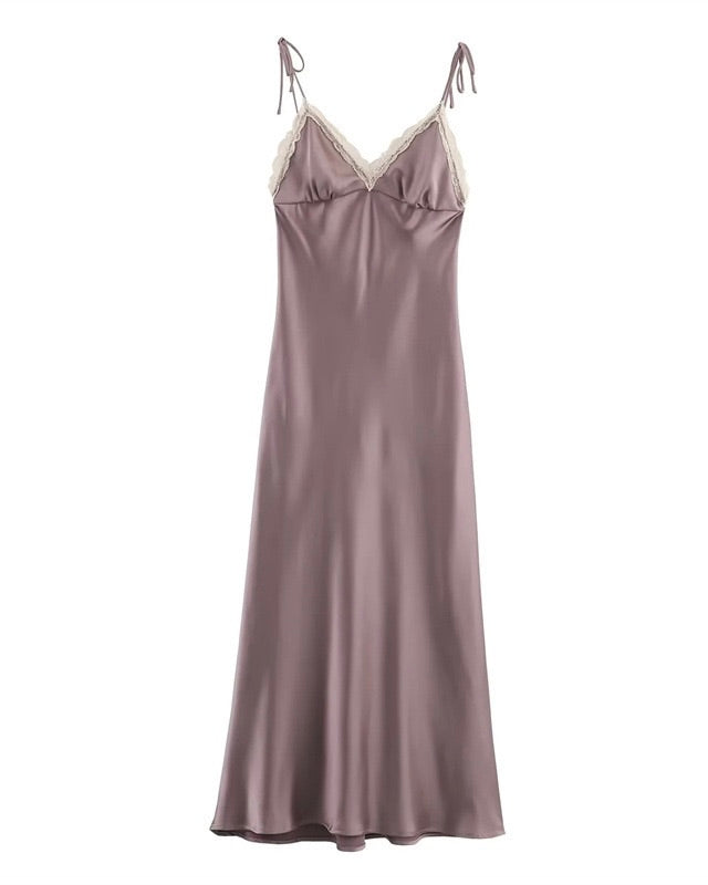 Archieves Satin Lace-Trim Midi Dress