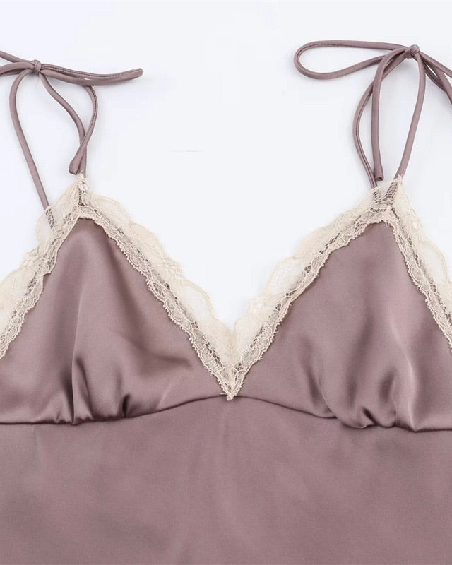 Archieves Satin Lace-Trim Midi Dress