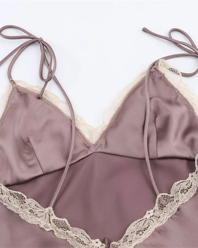 Archieves Satin Lace-Trim Midi Dress