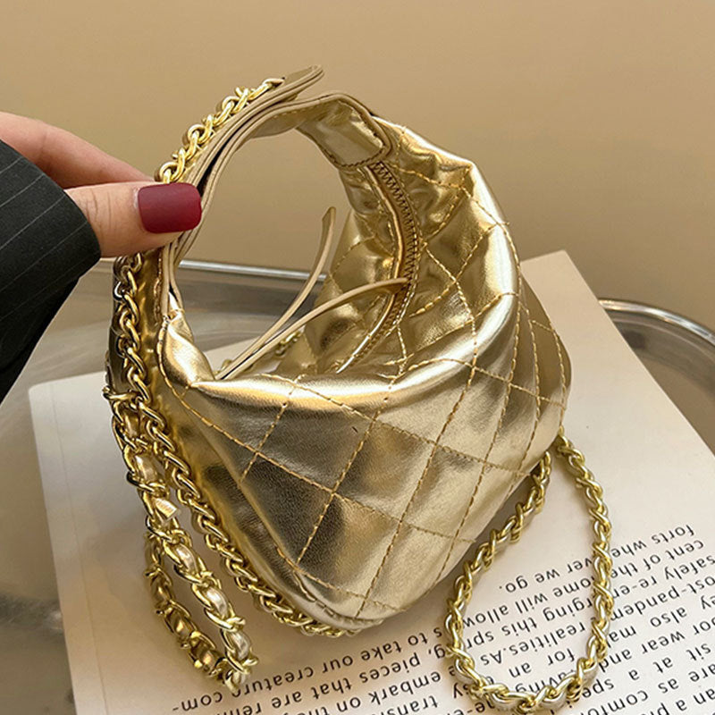 Luxe Quilted Chain Bag with gold chain and quilted texture, available in gold and pink colors.