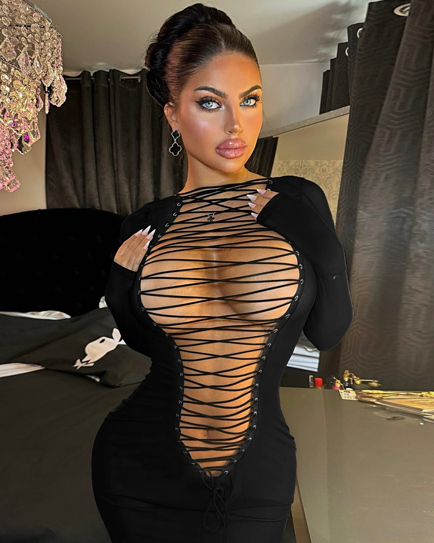 Erina Lace-Up Plunge Mini Dress