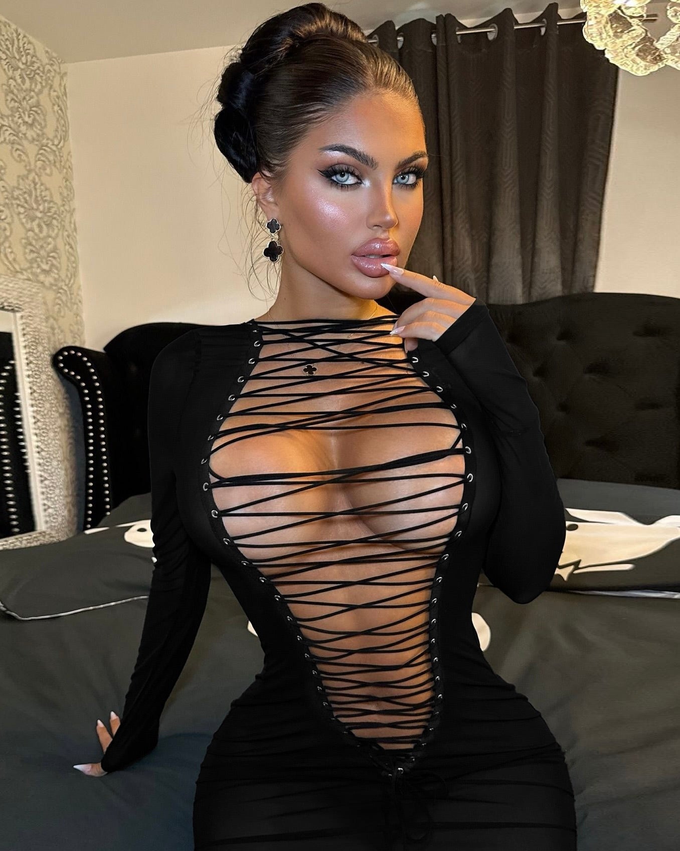 Erina Lace-Up Plunge Mini Dress