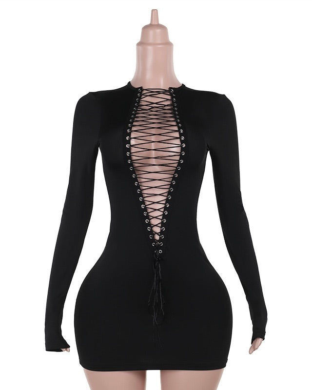 Erina Lace-Up Plunge Mini Dress