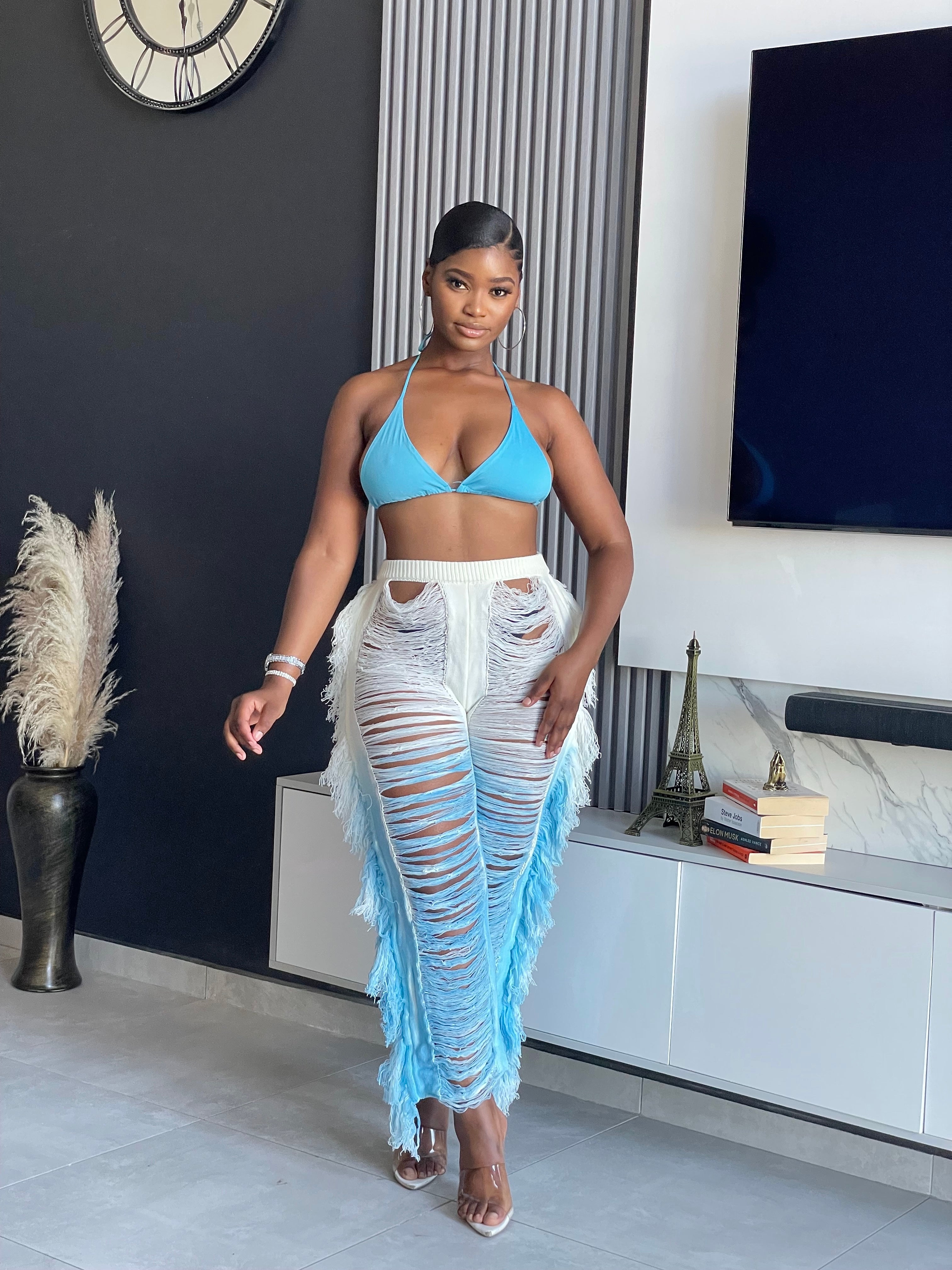 Forever Fringe Pant Set with halter crop top and shredded fringe pants in blue and white gradient.