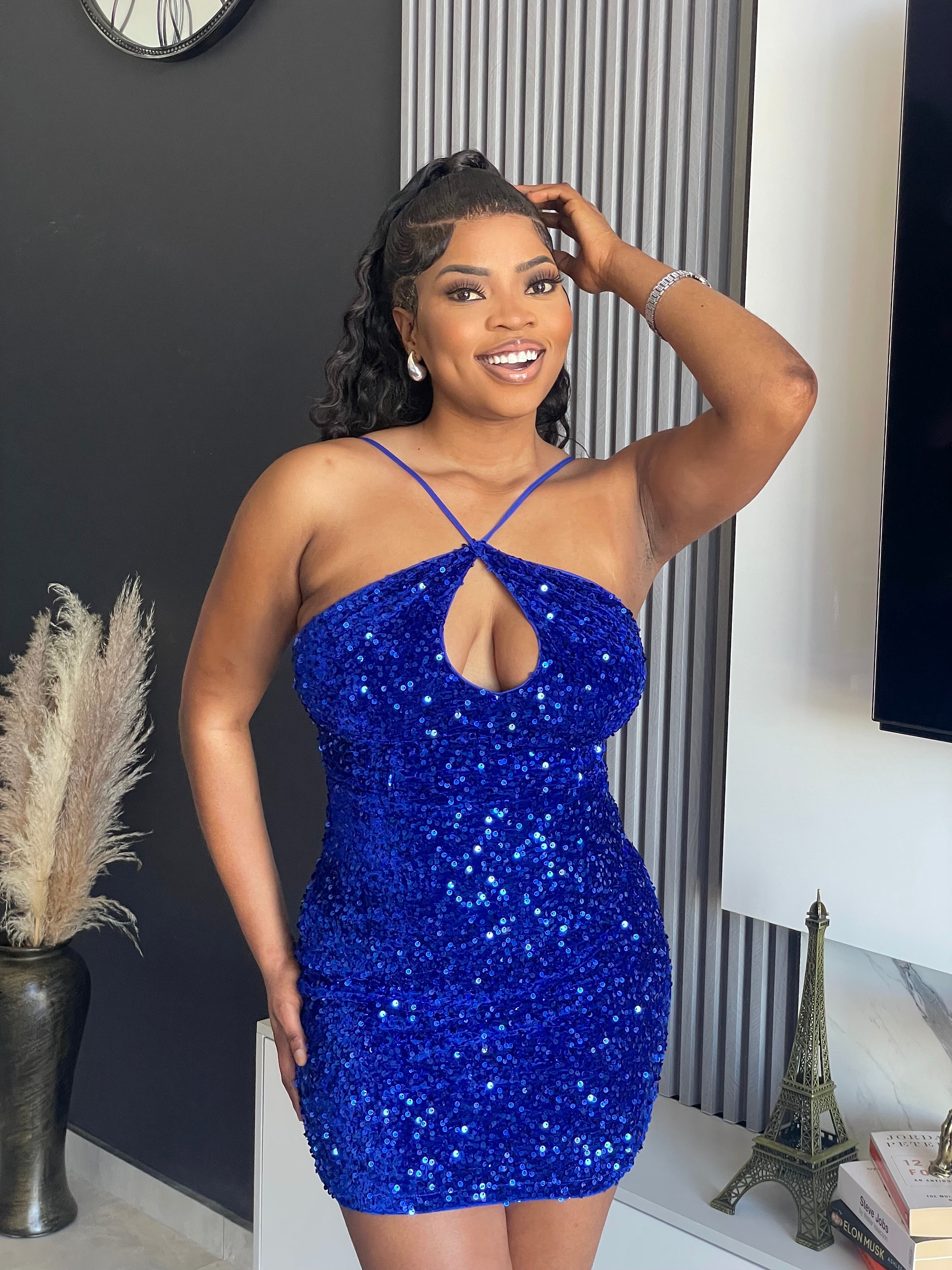 Aura Sequin Mini Dress in royal blue with halter neckline, keyhole front, and shimmering sequins.