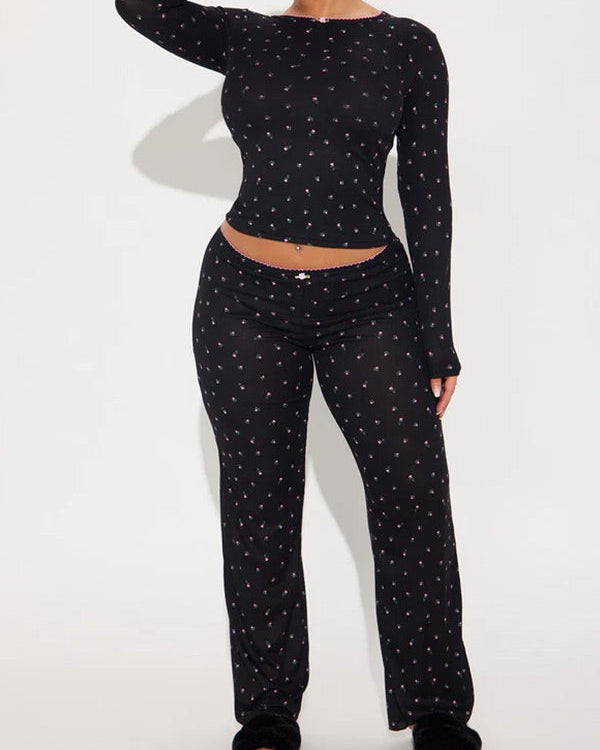 Zinnia Floral Lounge Pajama Set Black