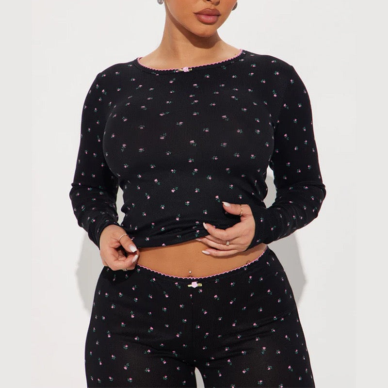 Zinnia Floral Lounge Pajama Set Black