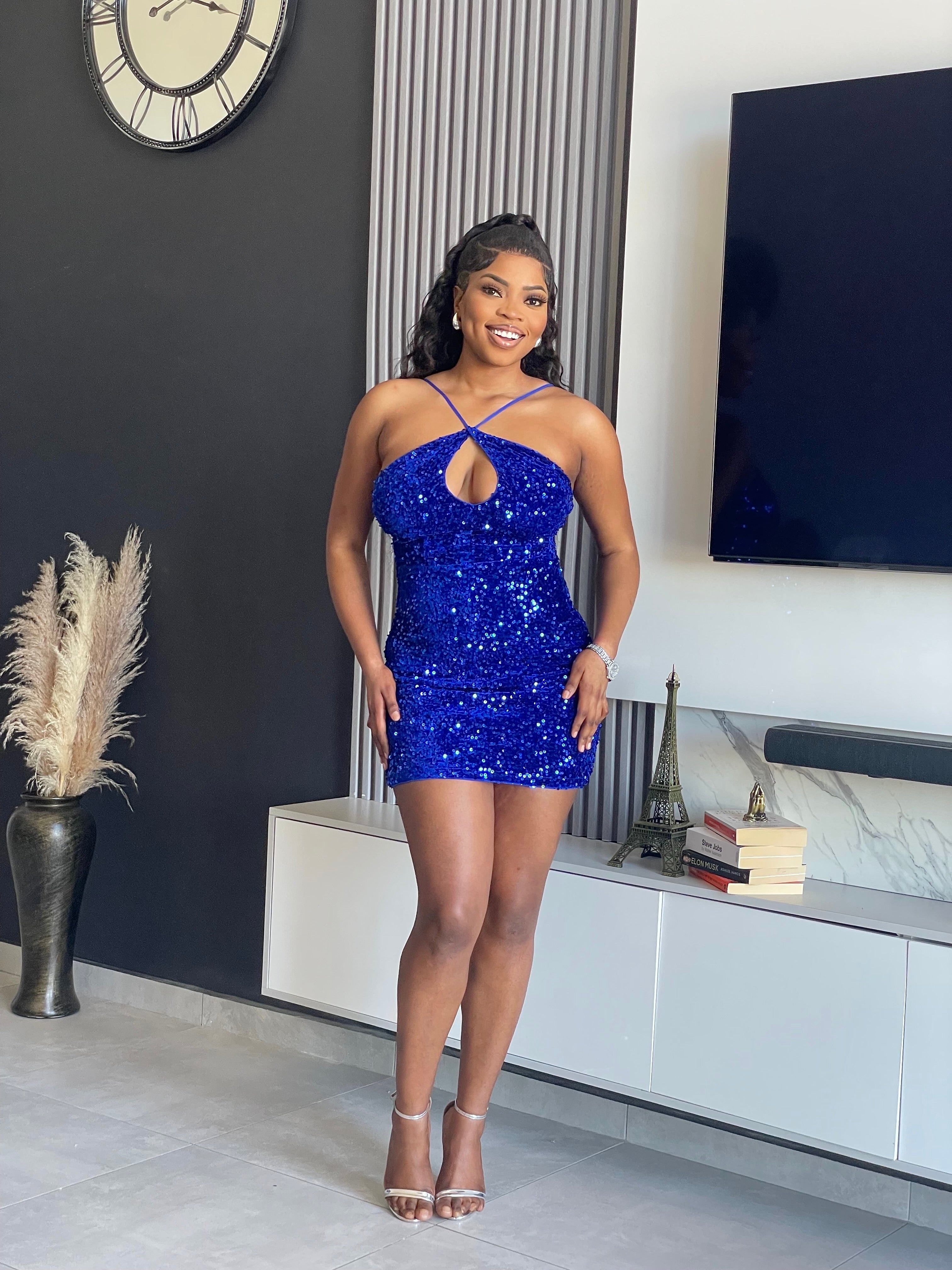 Aura Sequin Mini Dress in royal blue with halter neckline, keyhole front, and shimmering sequins.